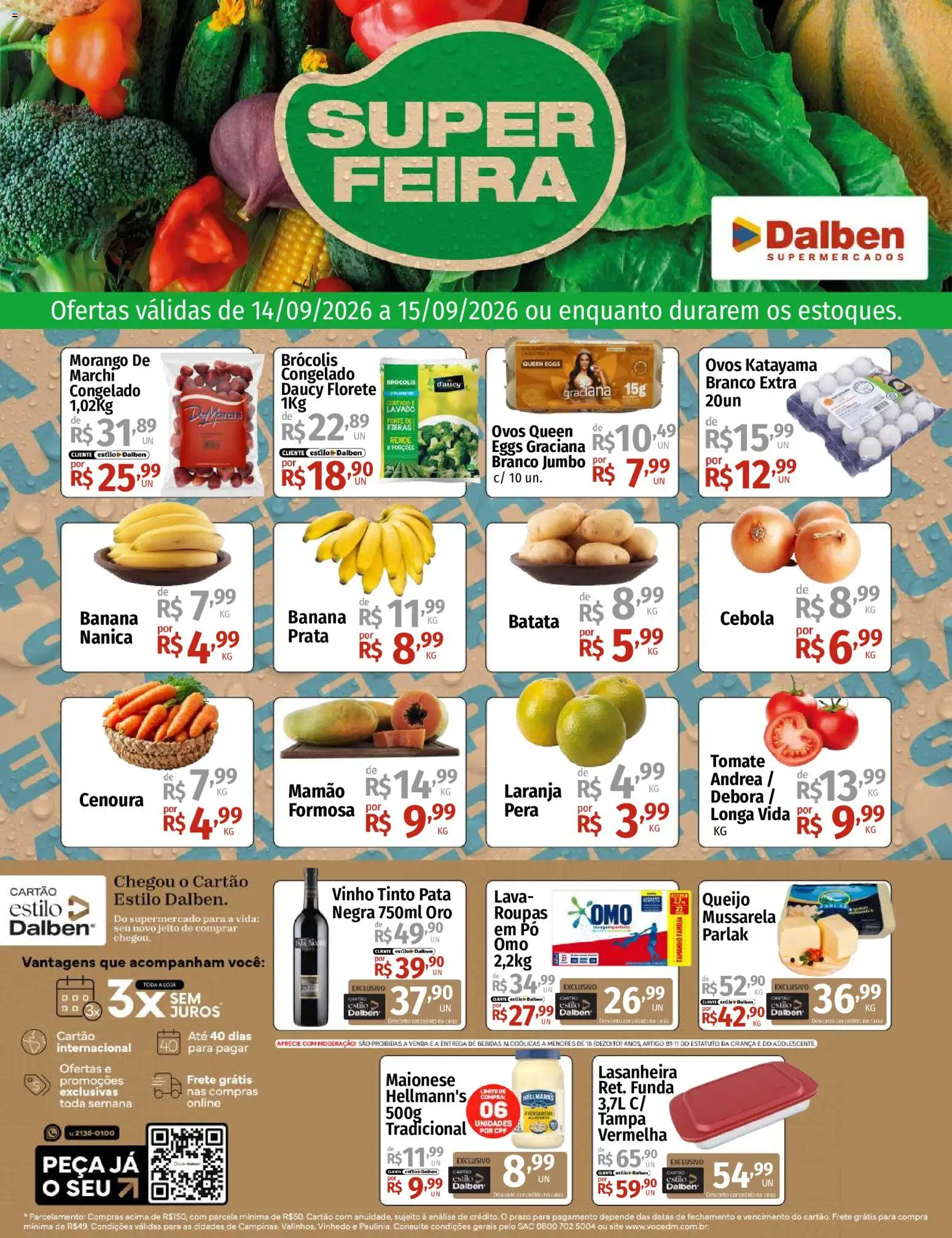 Supermercado Dalben Folheto - válido de 14/09/2026 | Página: 1 | Produtos: Pera, Tomate, Queijo, Vinho