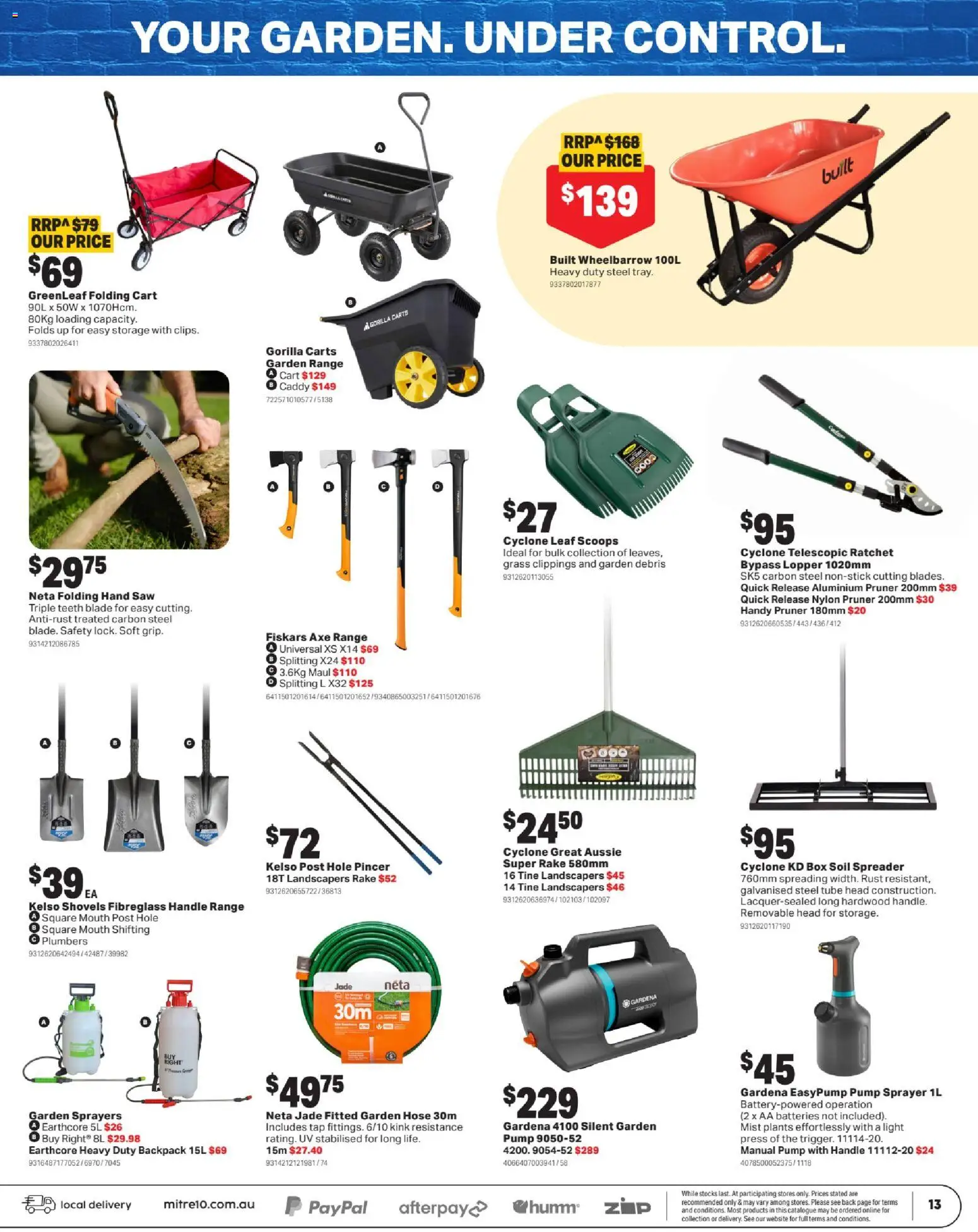 Mitre 10 catalogue - valid from 27.05.2026 | Page: 13 | Products: Garden hose, Cart, Wheelbarrow, Press
