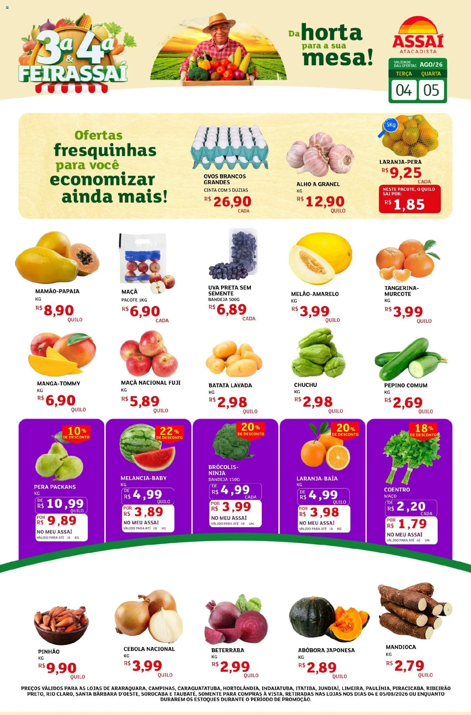 Assaí Atacadista Folheto - válido de 04/08/2026 | Página: 1 | Produtos: Chuchu, Cebola, Mandioca, Bandeja