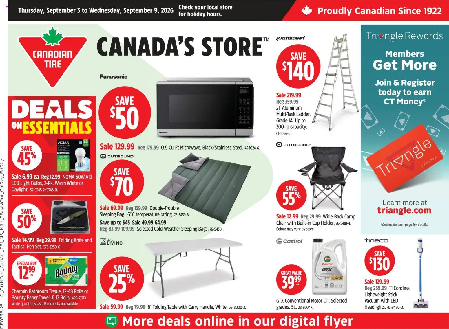 Canadian Tire flyer valid from Sep 3, 2026 | Page: 1 | Products: Folding table, LED light, Table, Chair