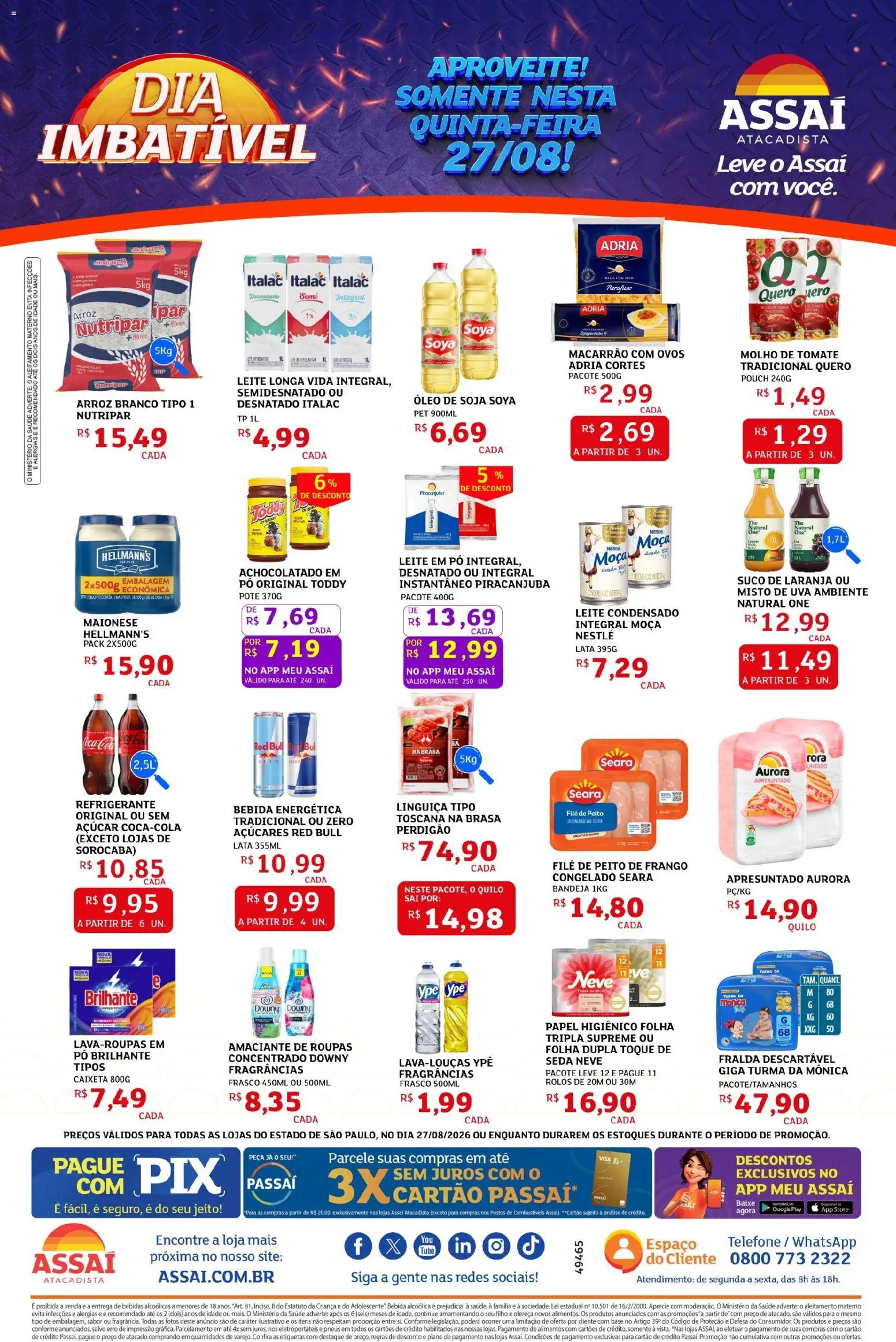 Assaí Atacadista Folheto - válido de 27/08/2026 | Página: 1 | Produtos: Tomate, Leite, Suco, Roupas
