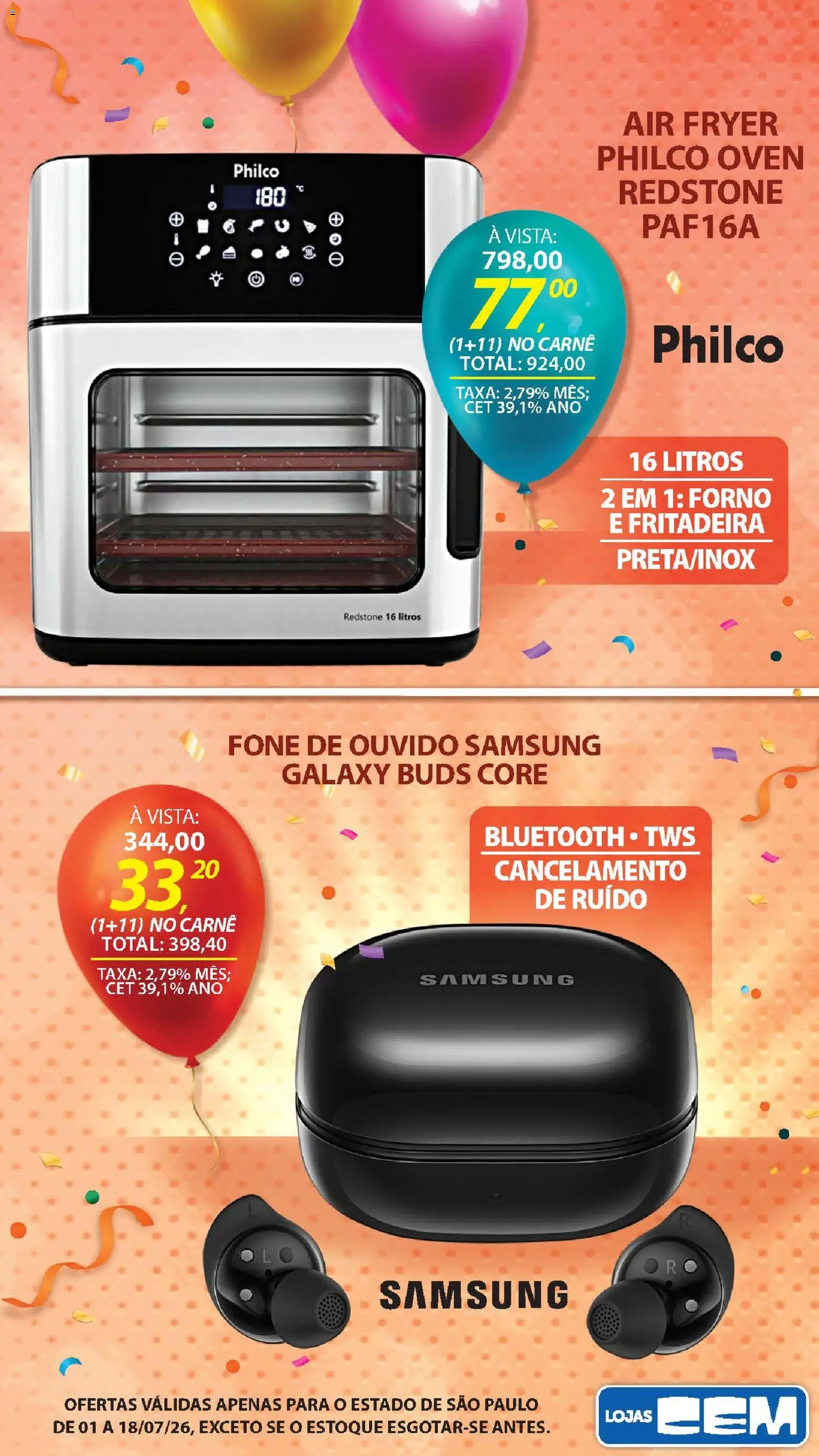 Lojas Cem Folheto - válido de 01/07/2026 | Página: 6 | Produtos: Forno, Air fryer, Carne, Fone de ouvido