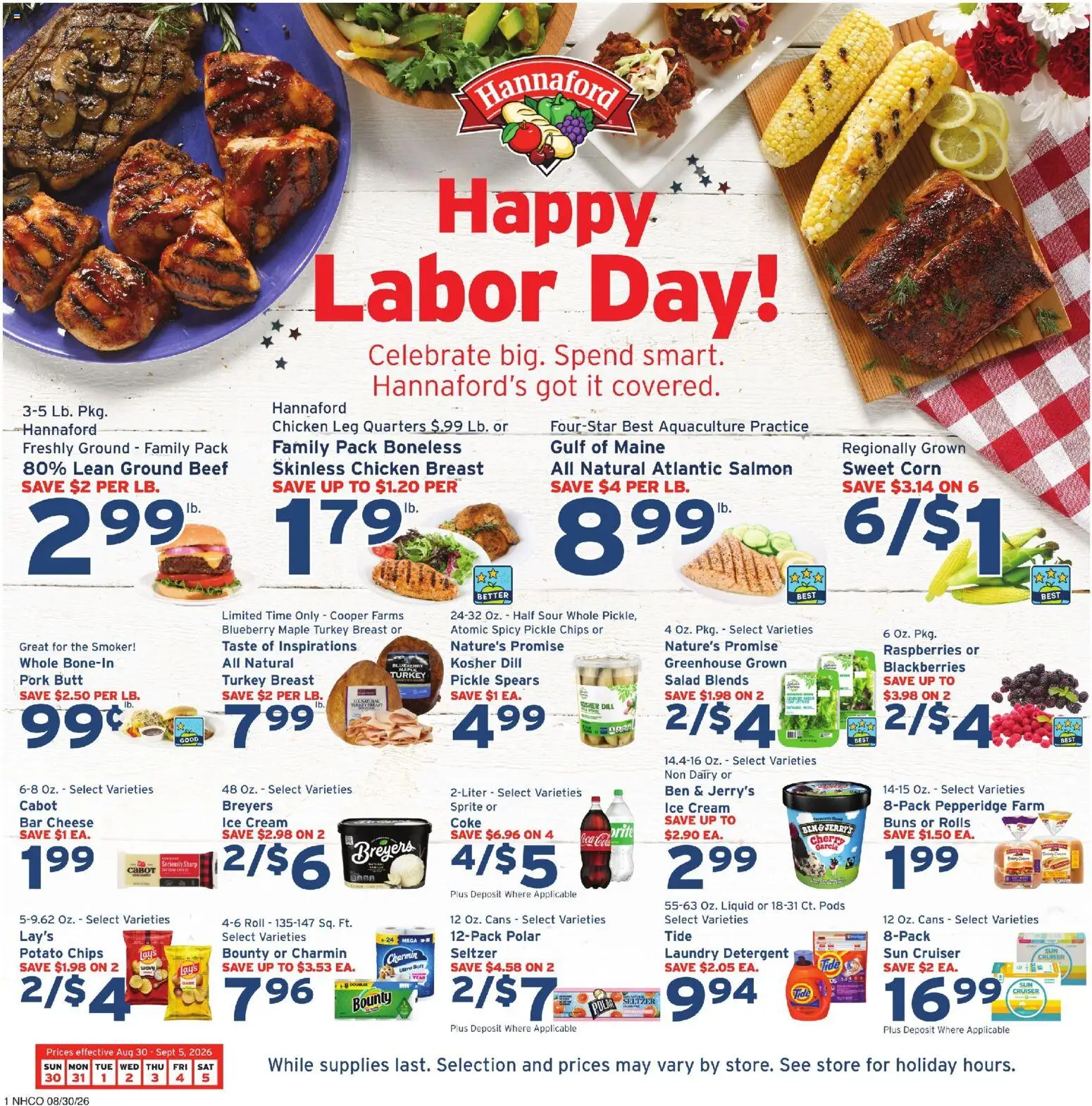 Hannaford Weekly Ad - valid from 08/30/2026 | Page: 1 | Products: Pork butt, Cream, Salad, Ice