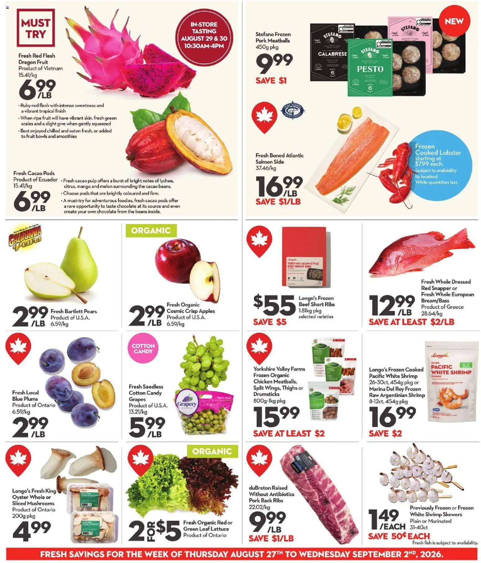 Longo's flyer valid from Aug 27, 2026 | Page: 8 | Products: Fruit, Pesto, Chicken, Pears