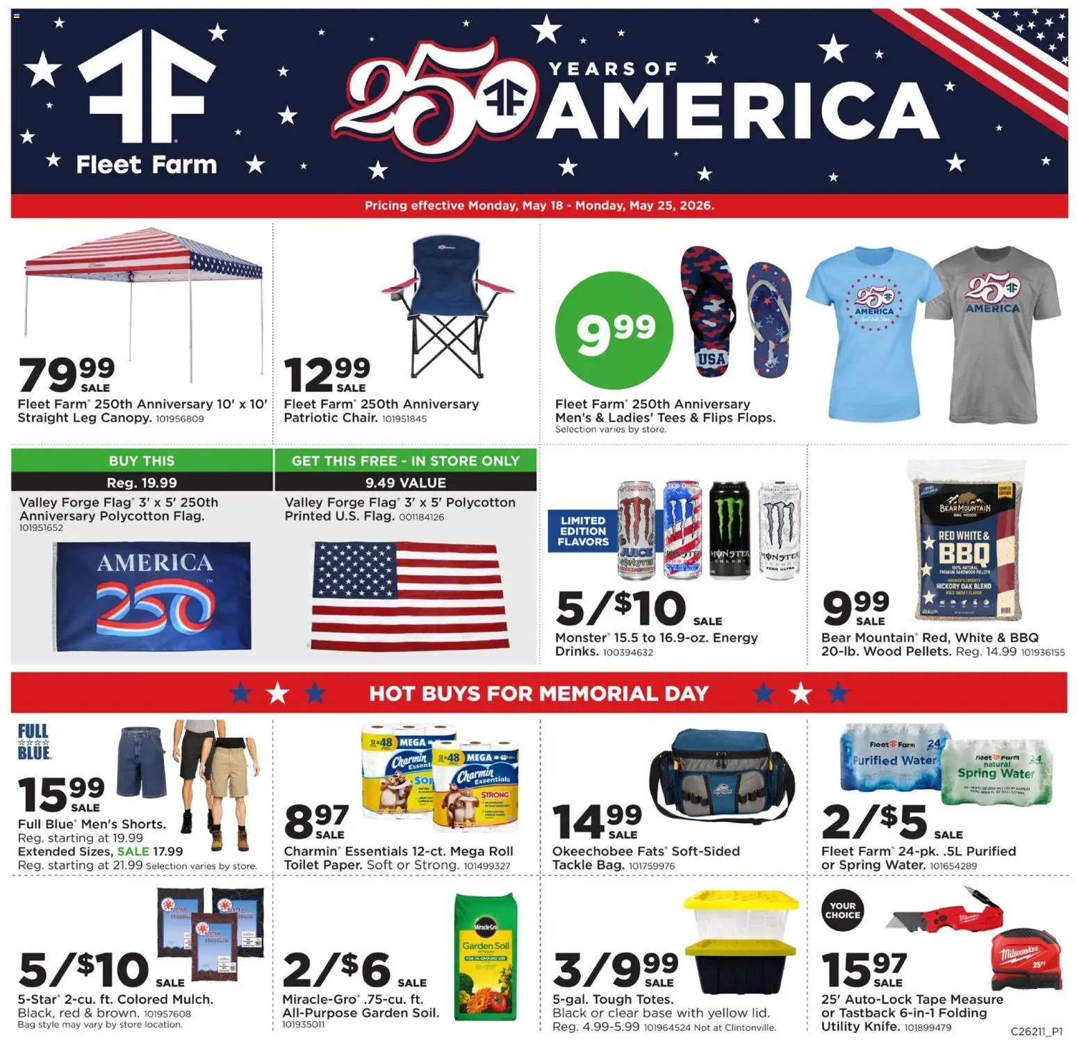 Mills Fleet Farm Weekly Ad - valid from 18.05.2026 | Page: 1 | Products: Juice, Tape Measure, Water, Bag
