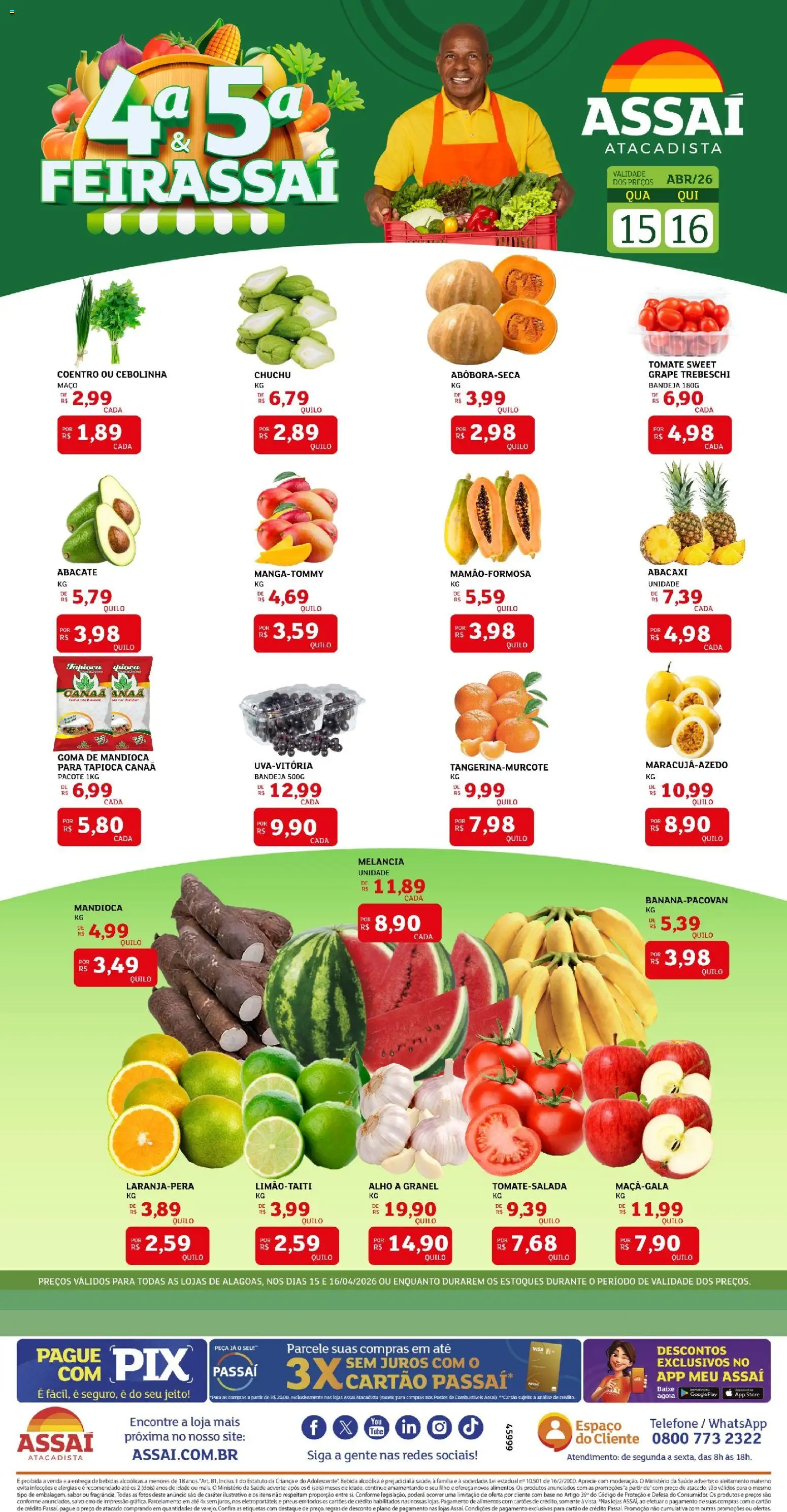 Assaí Atacadista Folheto - válido de 15.04.2026 | Página: 1 | Produtos: Tapioca, Base, Bandeja, Telefone