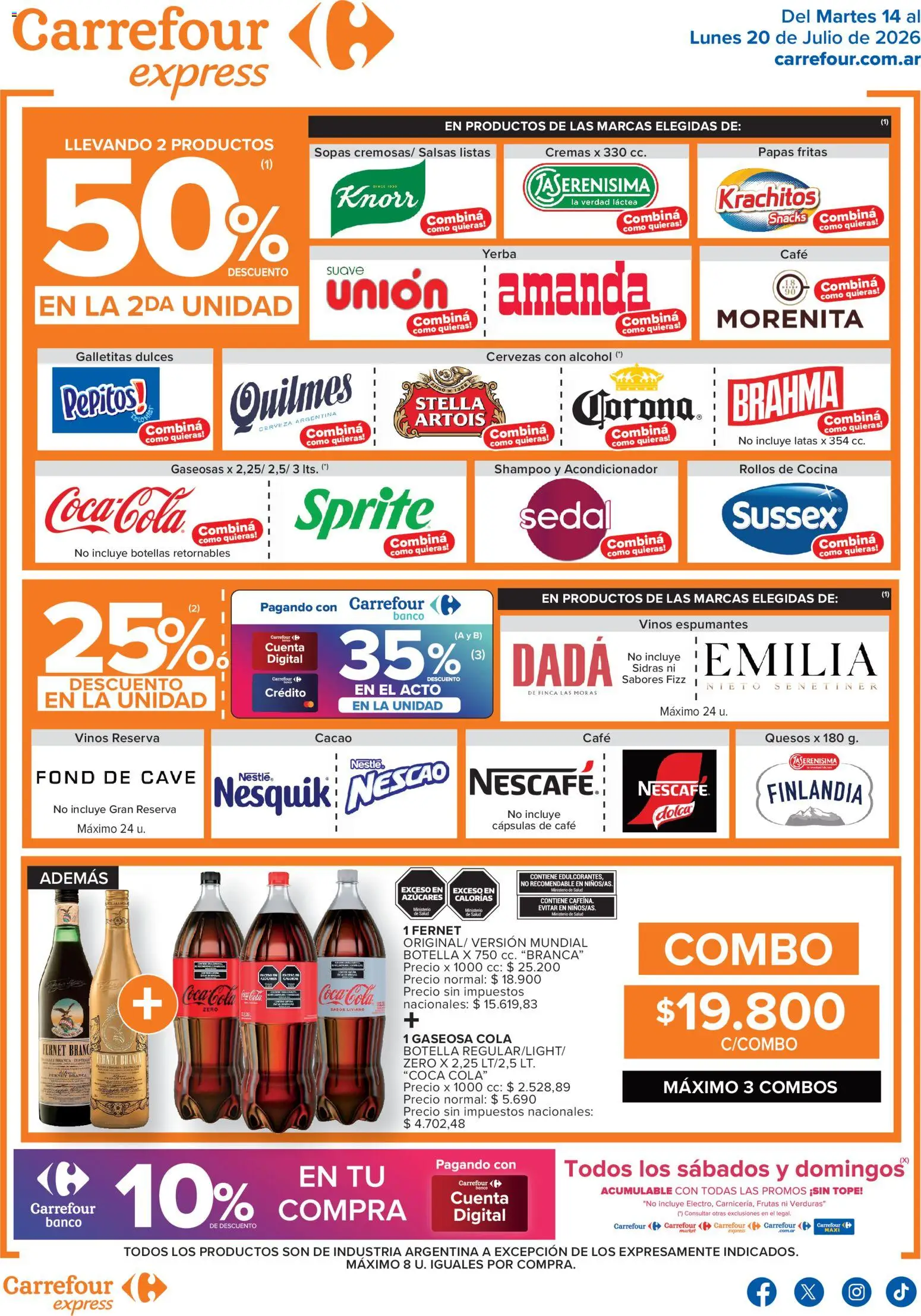 Carrefour Express │ válido desde el 14/07/2026 | Página: 2 | Productos: Botella, Galletitas, Shampoo, Cacao