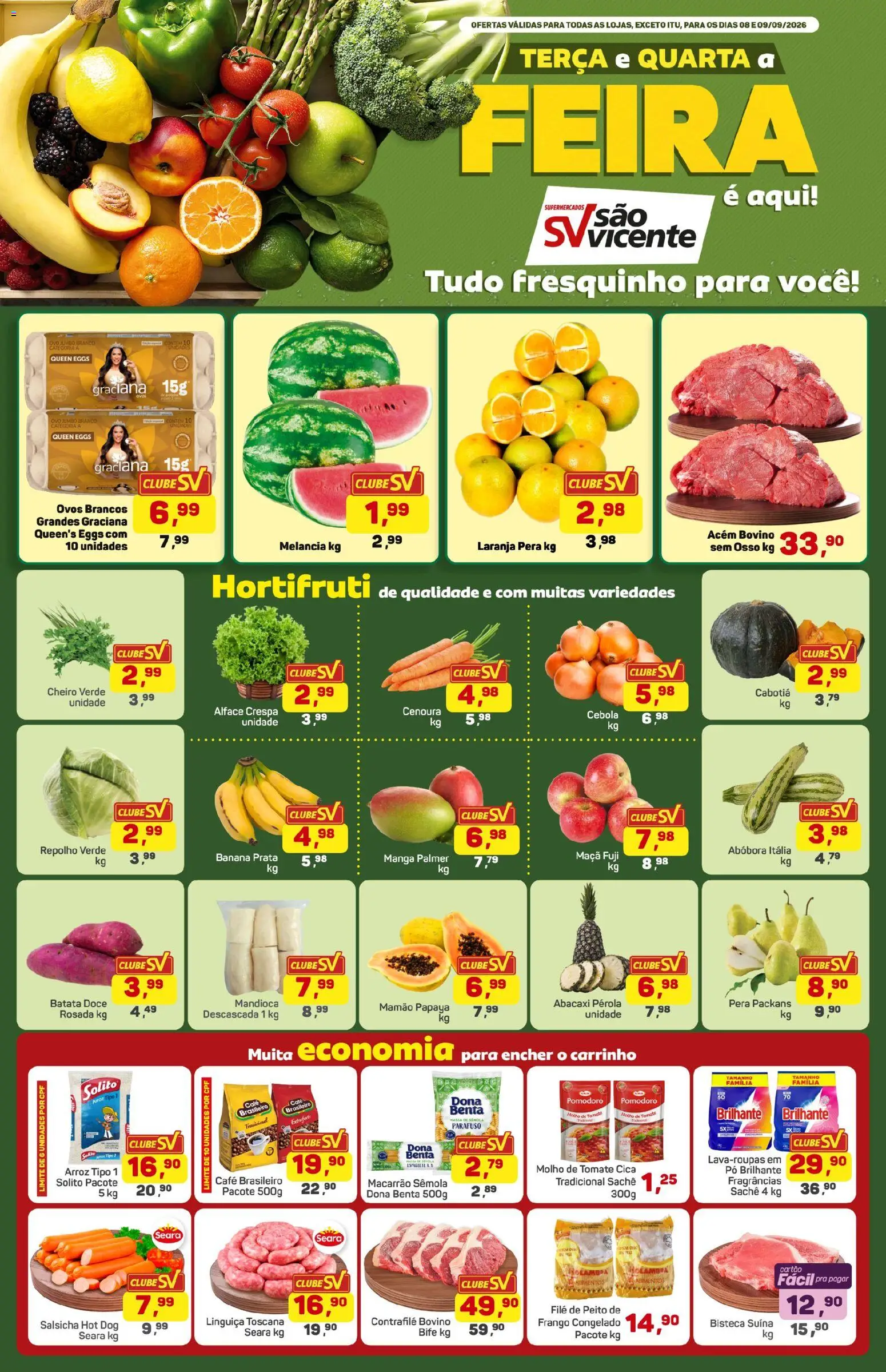 Supermercados São Vicente Folheto - válido de 08/09/2026 | Página: 1 | Produtos: Mandioca, Repolho, Arroz, Abacaxi