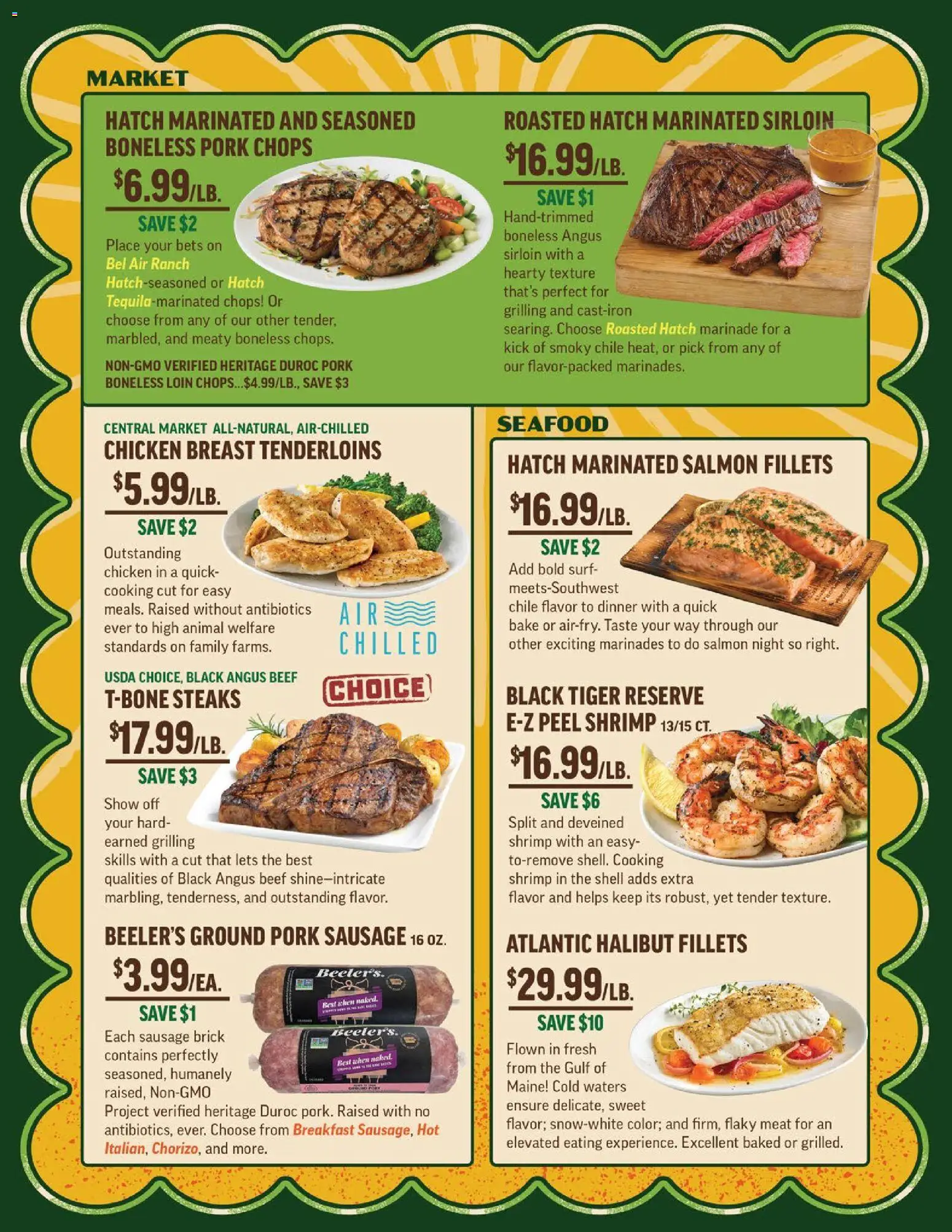 Central Market Weekly Ad - valid from 08/12/2026 | Page: 3 | Products: Beef, Seafood, Sausage, Salmon