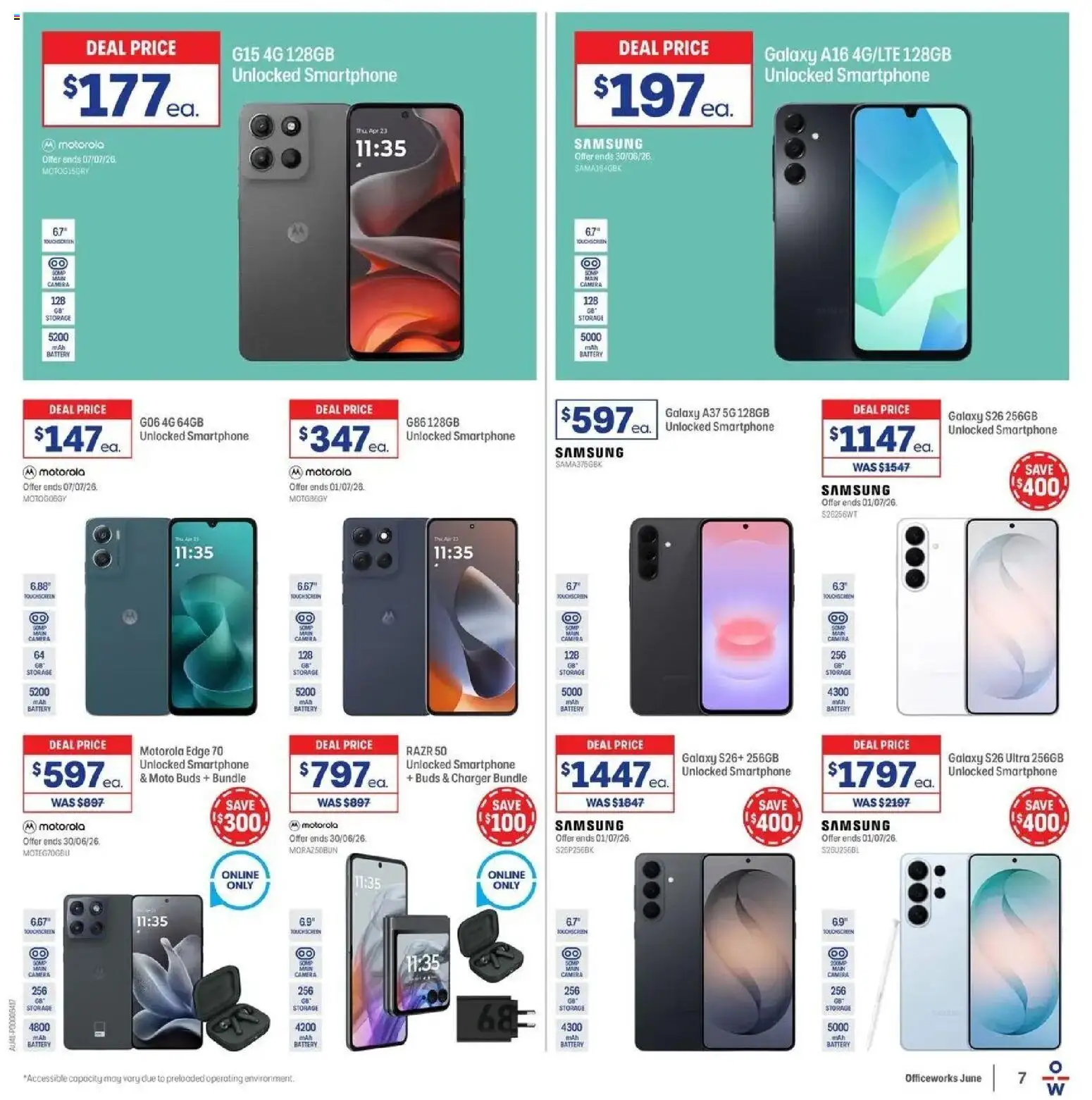 Officeworks catalogue - valid from 11.06.2026 | Page: 7 | Products: Charger, Soup, Smartphone, Camera