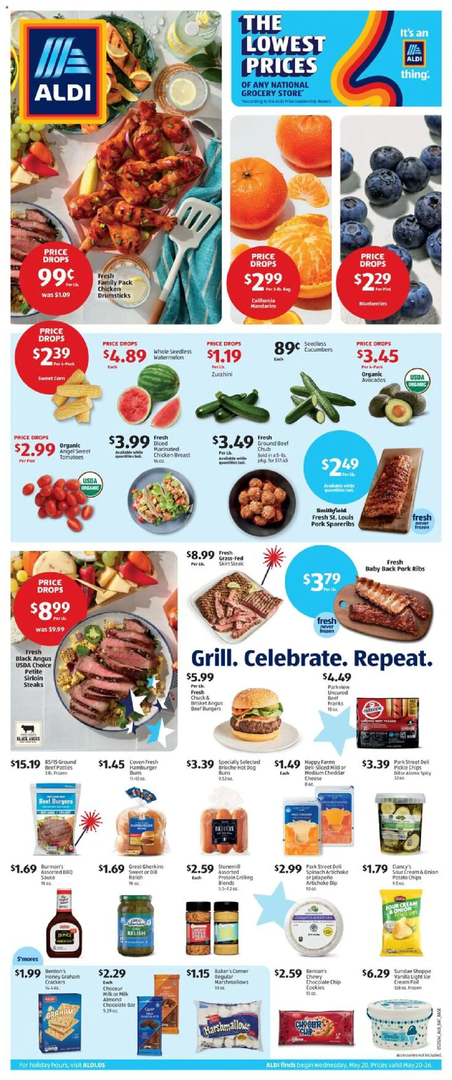 Aldi Weekly Ad - valid from 20.05.2026 | Page: 1 | Products: Tomatoes, Beef, Watermelon, Onion