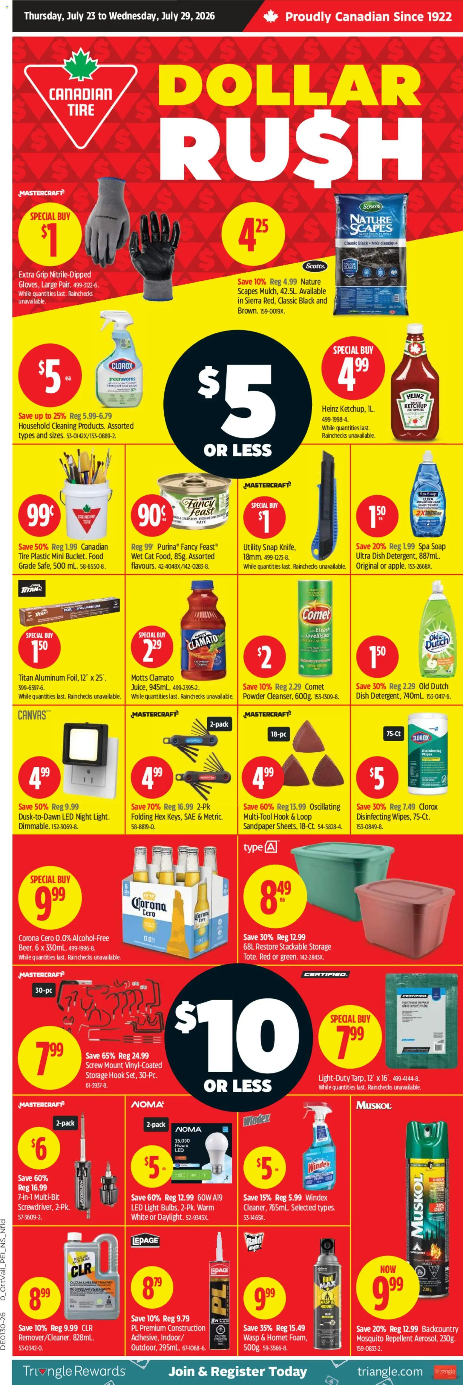 Canadian Tire flyer valid from Jul 23, 2026 | Page: 1 | Products: Ketchup, Powder, Soap