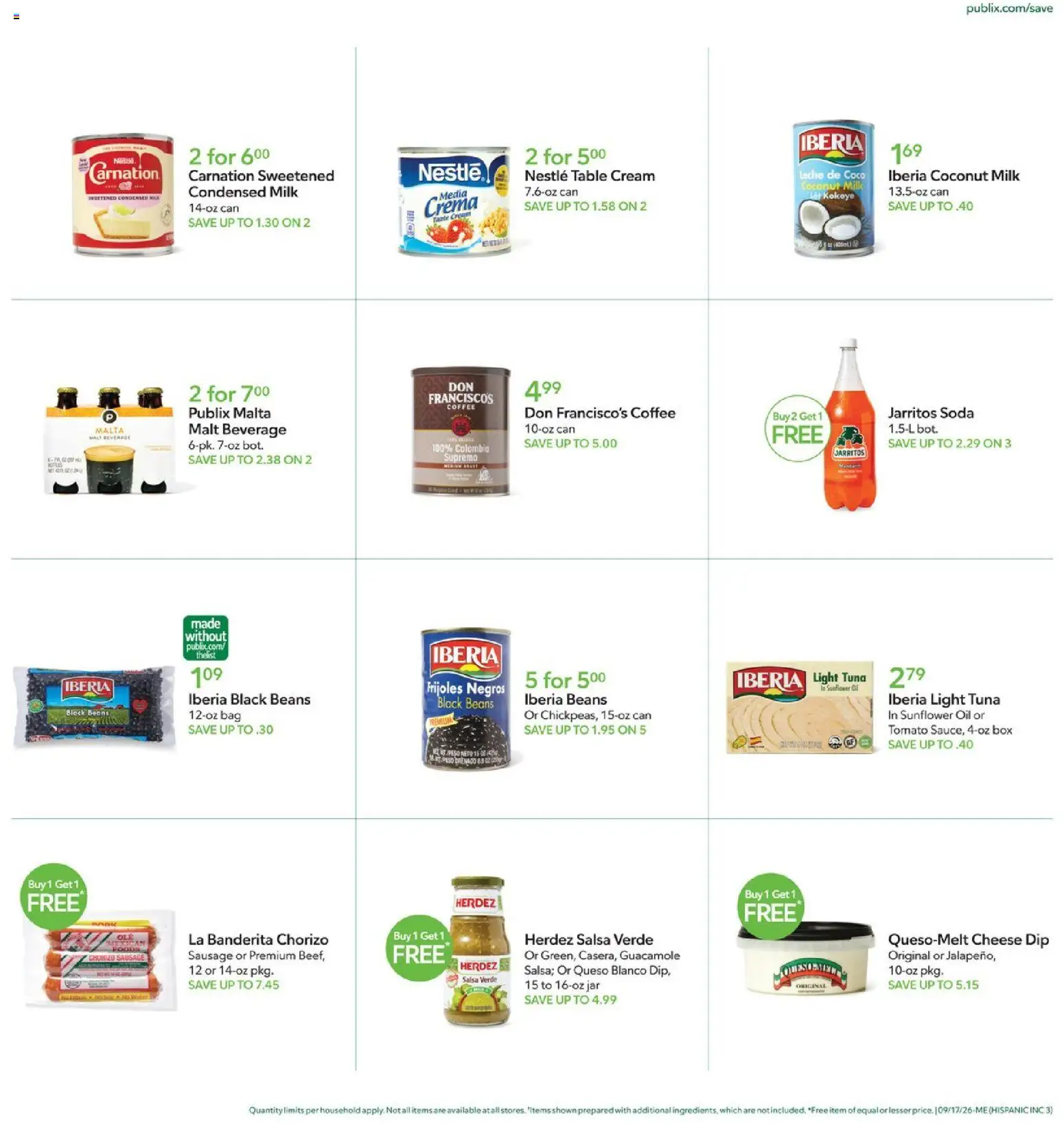 Publix Hispanic Ad - valid from 09/17/2026 | Page: 3 | Products: Table, Milk, Sunflower oil, Coconut milk