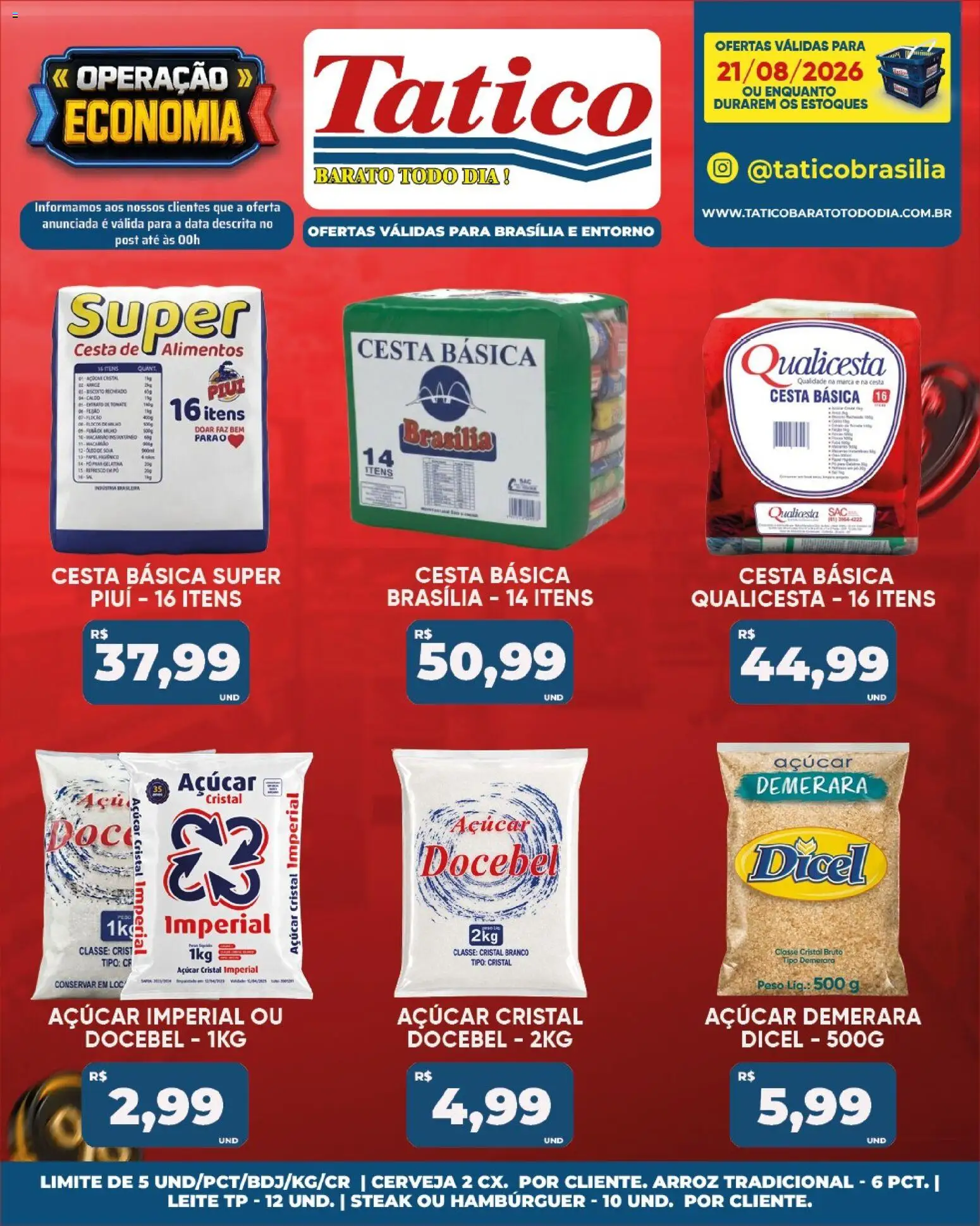 Tatico Folheto - válido de 21/08/2026 | Página: 19 | Produtos: Açúcar demerara, Cesta, Alimentos, Hambúrguer