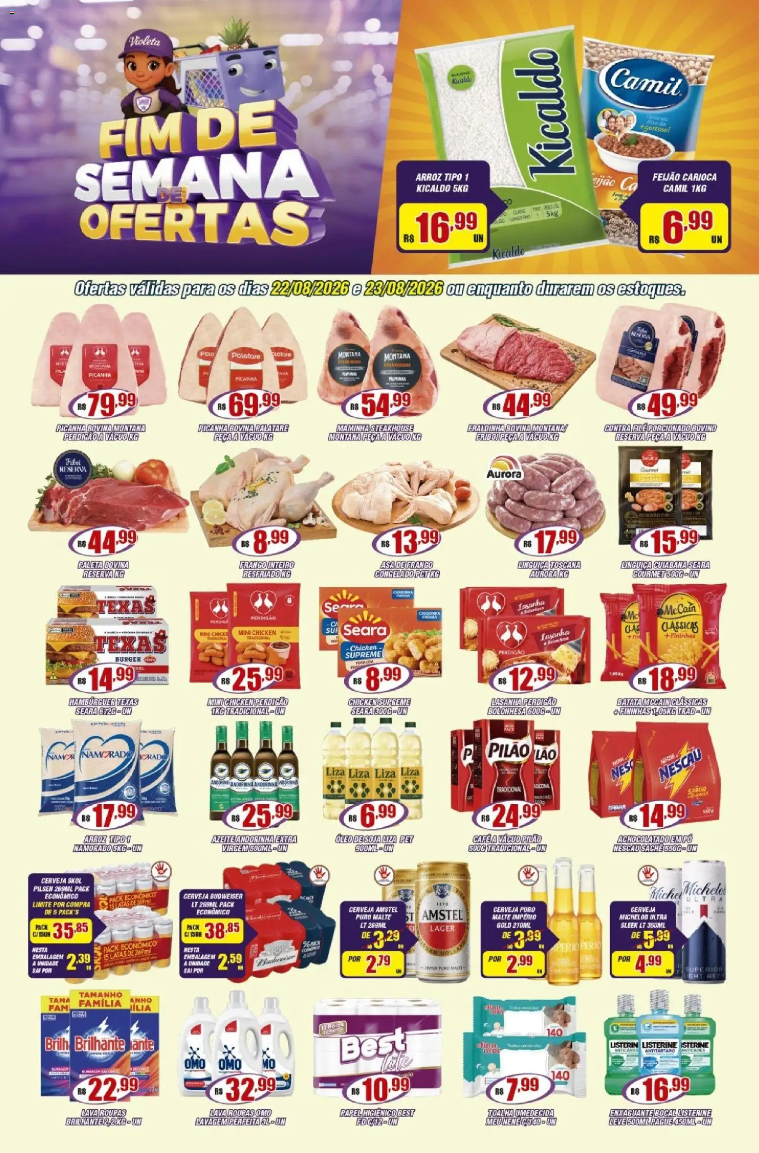 Violeta Supermercados Folheto - válido de 22/08/2026 | Página: 1 | Produtos: Achocolatado, Fraldinha, Roupas, Listerine