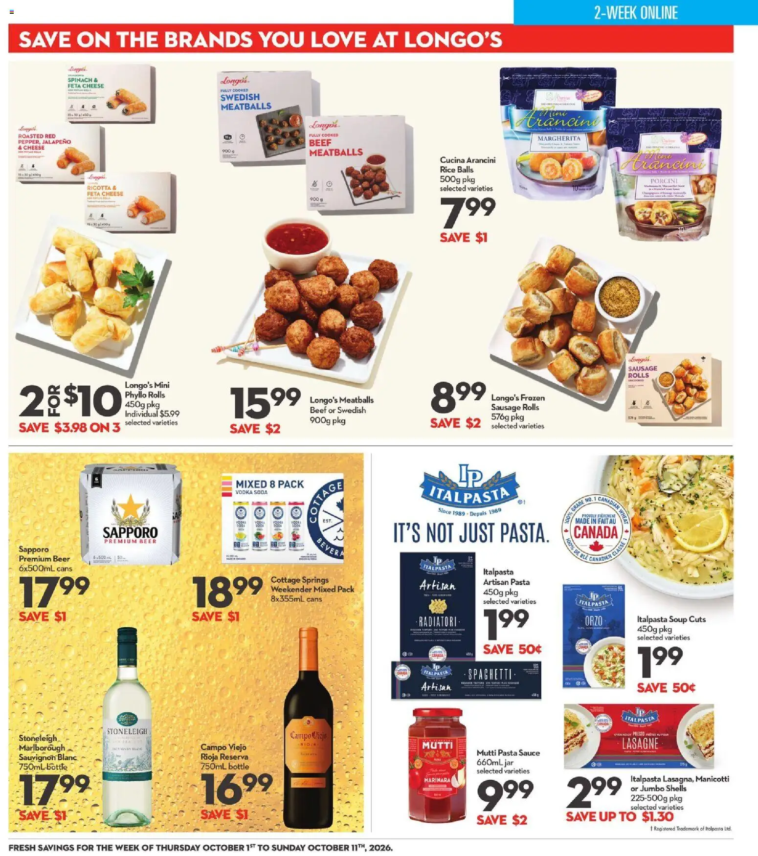 Longo's flyer valid from Oct 1, 2026 | Page: 26 | Products: Vodka, Feta cheese, Spinach, Beer