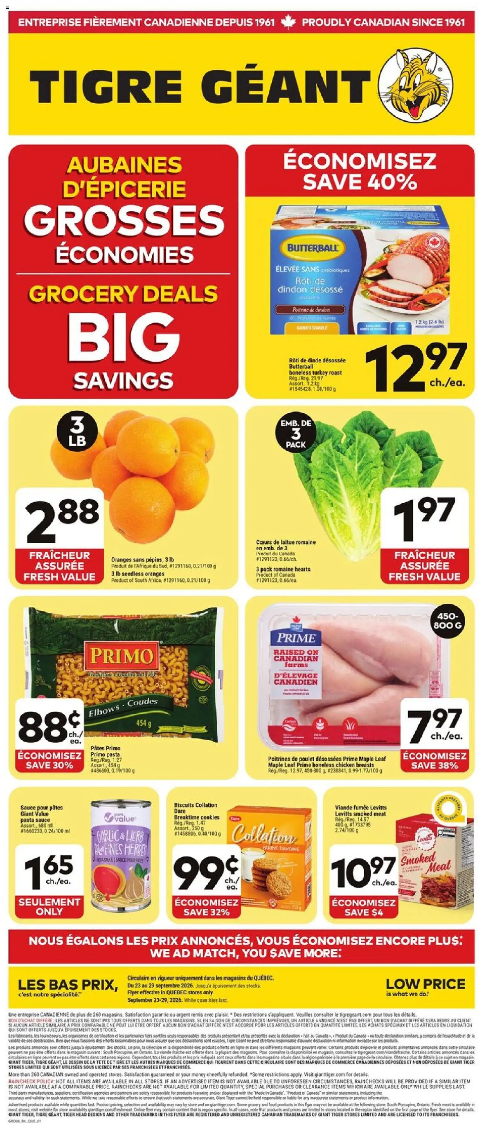 Giant Tiger flyer valid from Sep 23, 2026 | Page: 1 | Products: Roast, Smoked meat, Food, Biscuits