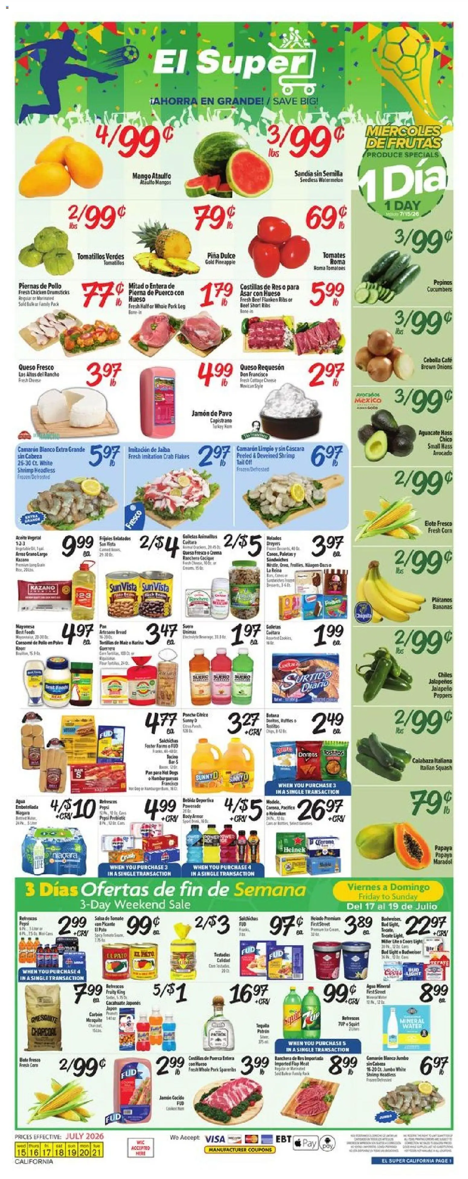 El Super Weekly Ad - CA - valid from 07/15/2026 | Page: 1 | Products: Squash, Pan, Water, Hot Dogs