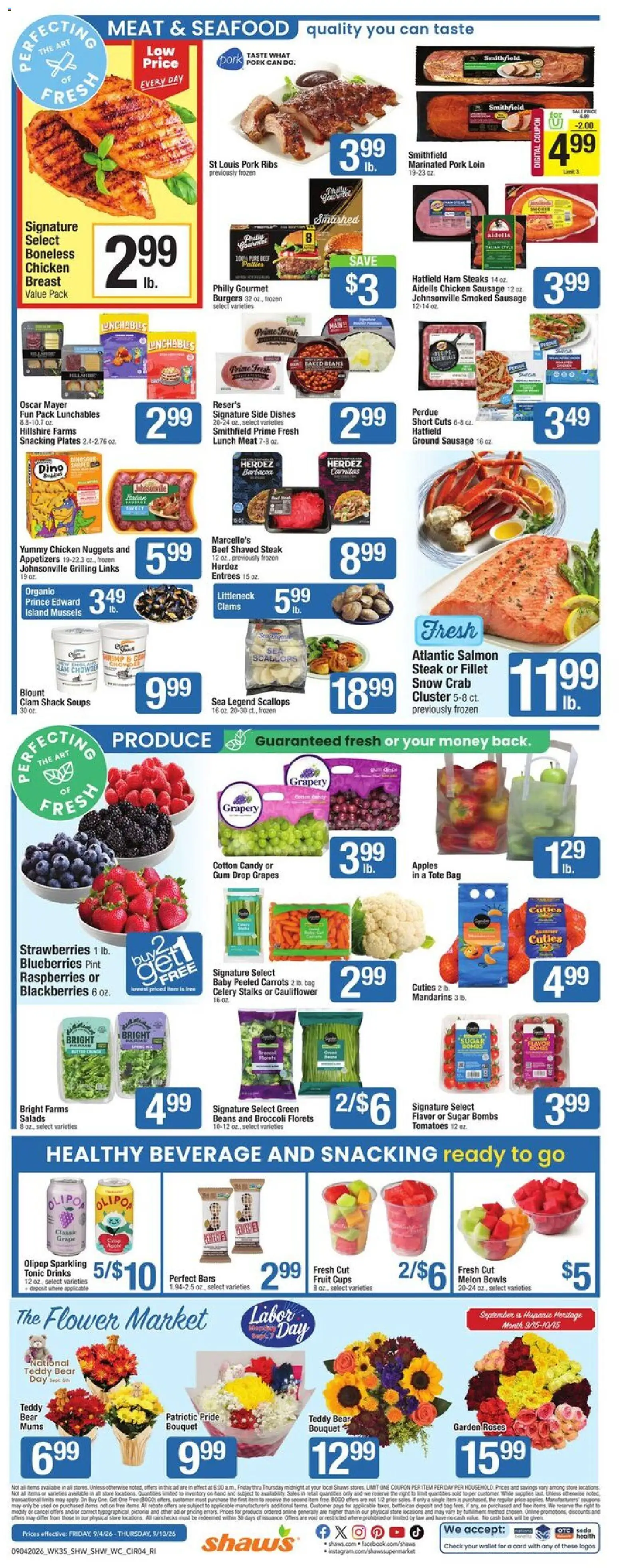 Shaw's Weekly Ad - RI - valid from 09/04/2026 | Page: 4 | Products: Meat, Wallet, Cauliflower, Celery stalks