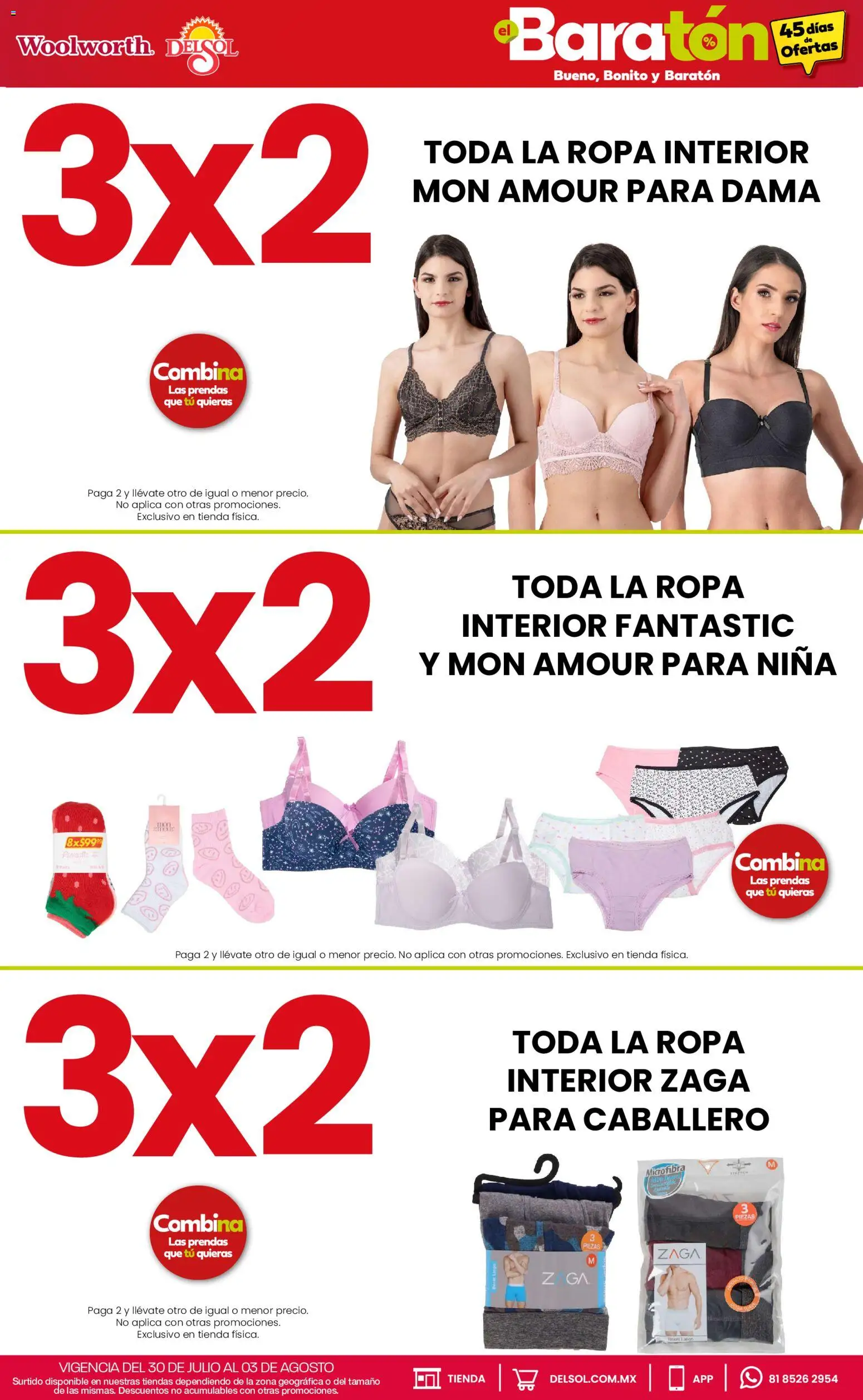 Nuevas ofertas de Del Sol y Woolworth válidas en toda la República Mexicana desde el 30/07/2026. ¡Encuentra las mejores ofertas en Del Sol y Woolworth catálogo Bueno, Bonito y Baratón! | Página: 9 | Productos: Ropa, Ropa interior