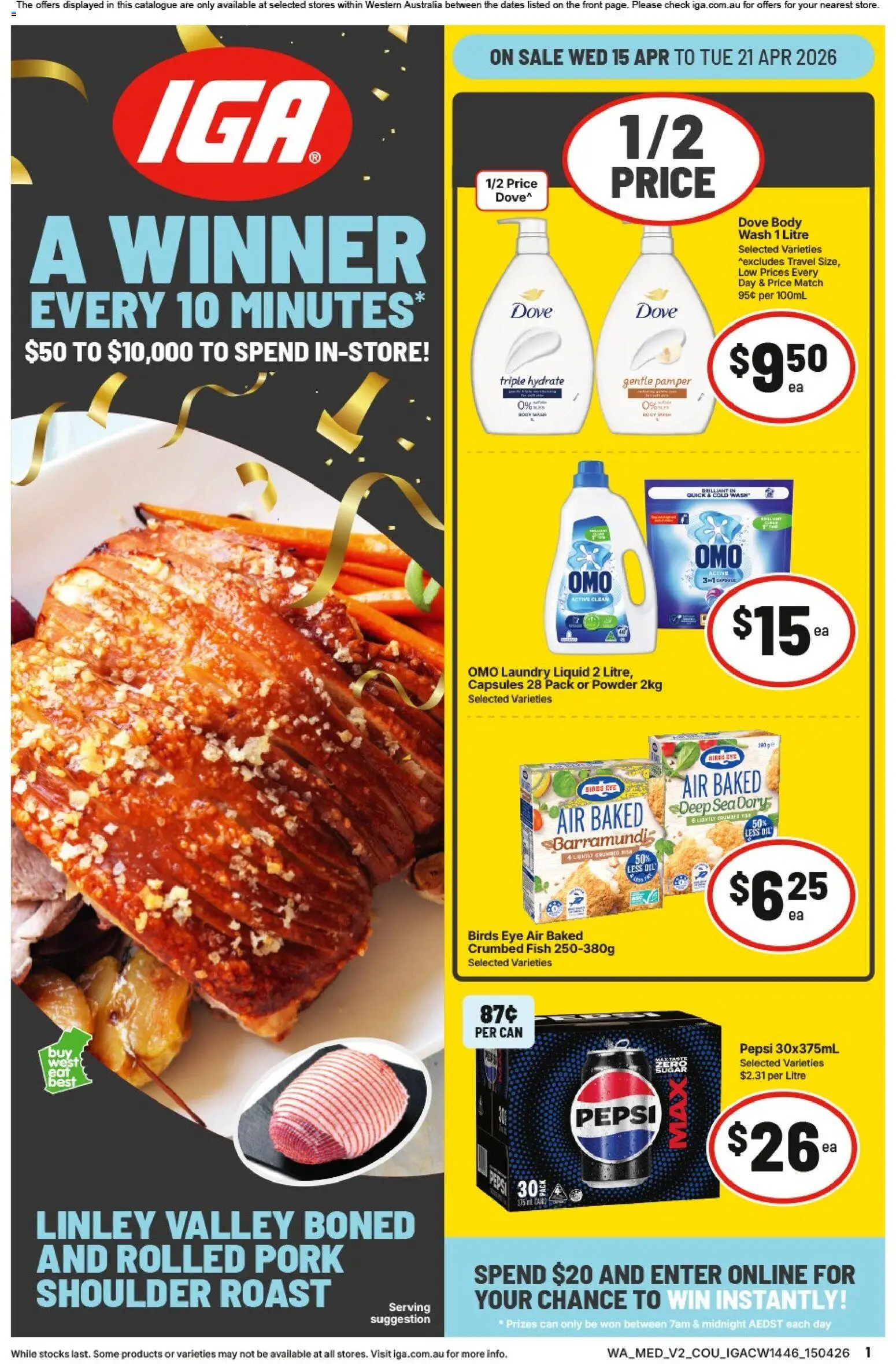 IGA catalogue - valid from 15.04.2026 | Page: 1 | Products: Powder, Pork, Fish, Pepsi
