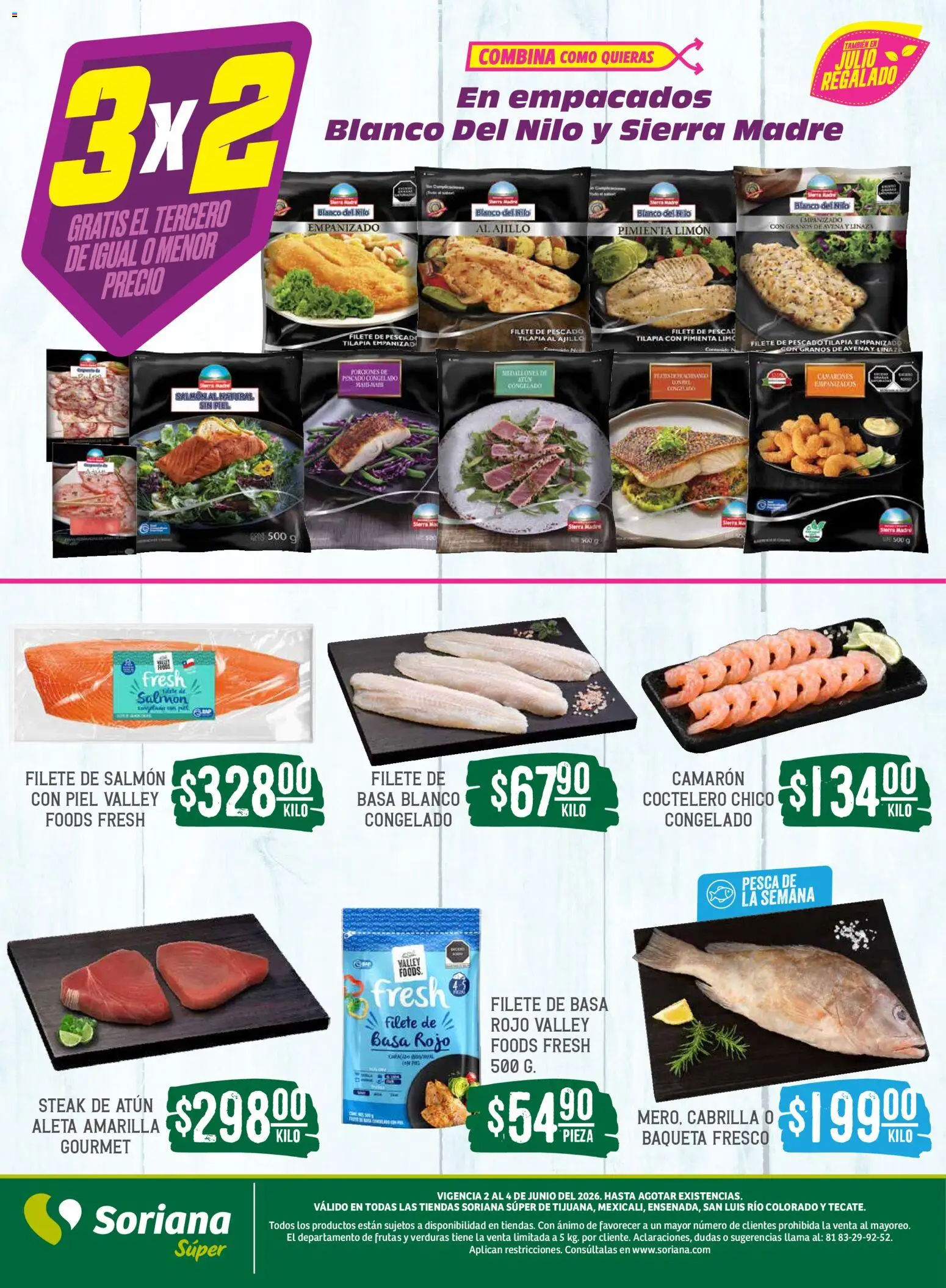 Nuevas ofertas de Soriana válidas en toda la República Mexicana desde el 02.06.2026. ¡Encuentra las mejores ofertas en Soriana Martes y Miércoles del Campo Súper: Tijuana, Mexicali, Ensenada, San Luis Río Colorado y Tecate! | Página: 4 | Productos: Atún, Pimienta, Limón, Sierra