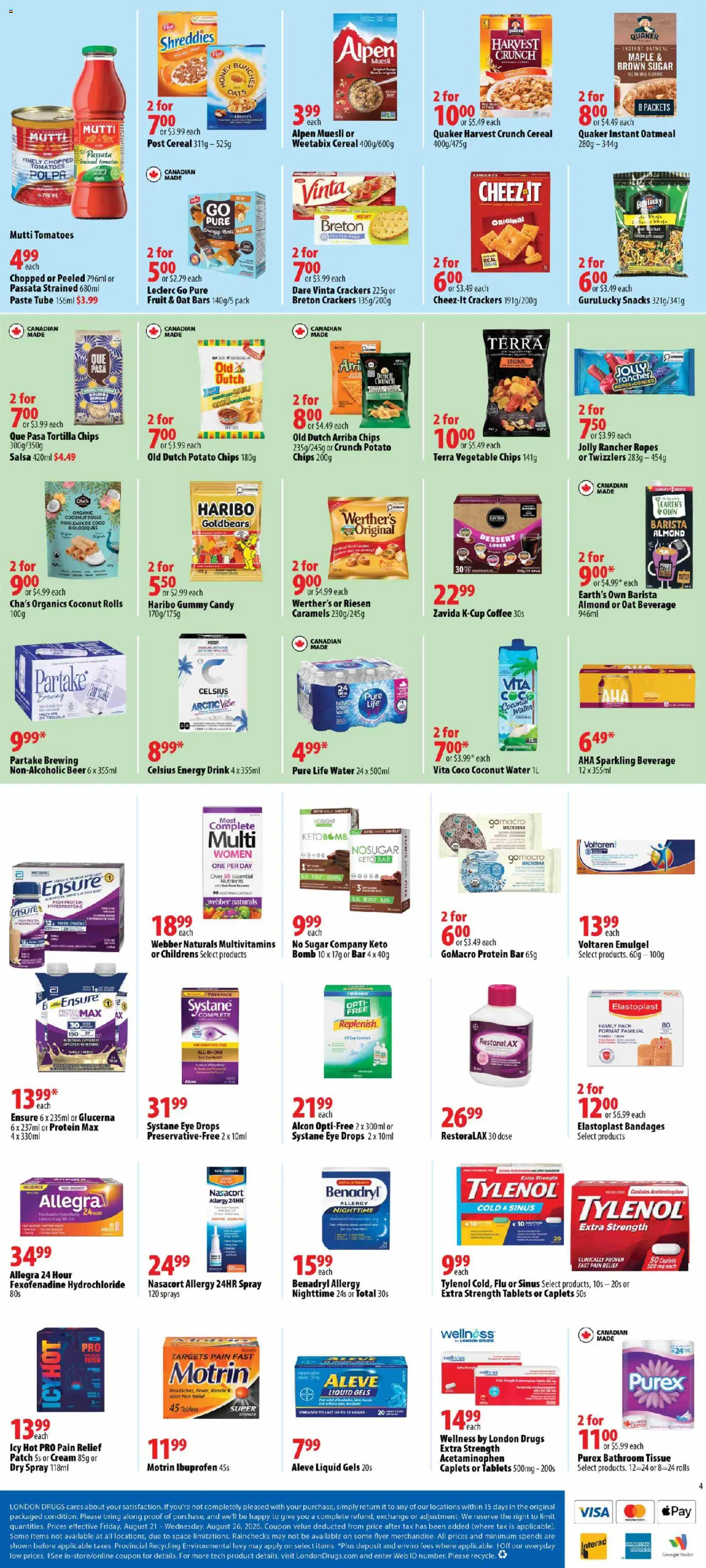 London Drugs flyer valid from Aug 21, 2026 | Page: 5 | Products: Coconut, Oats, Energy drink, Snacks
