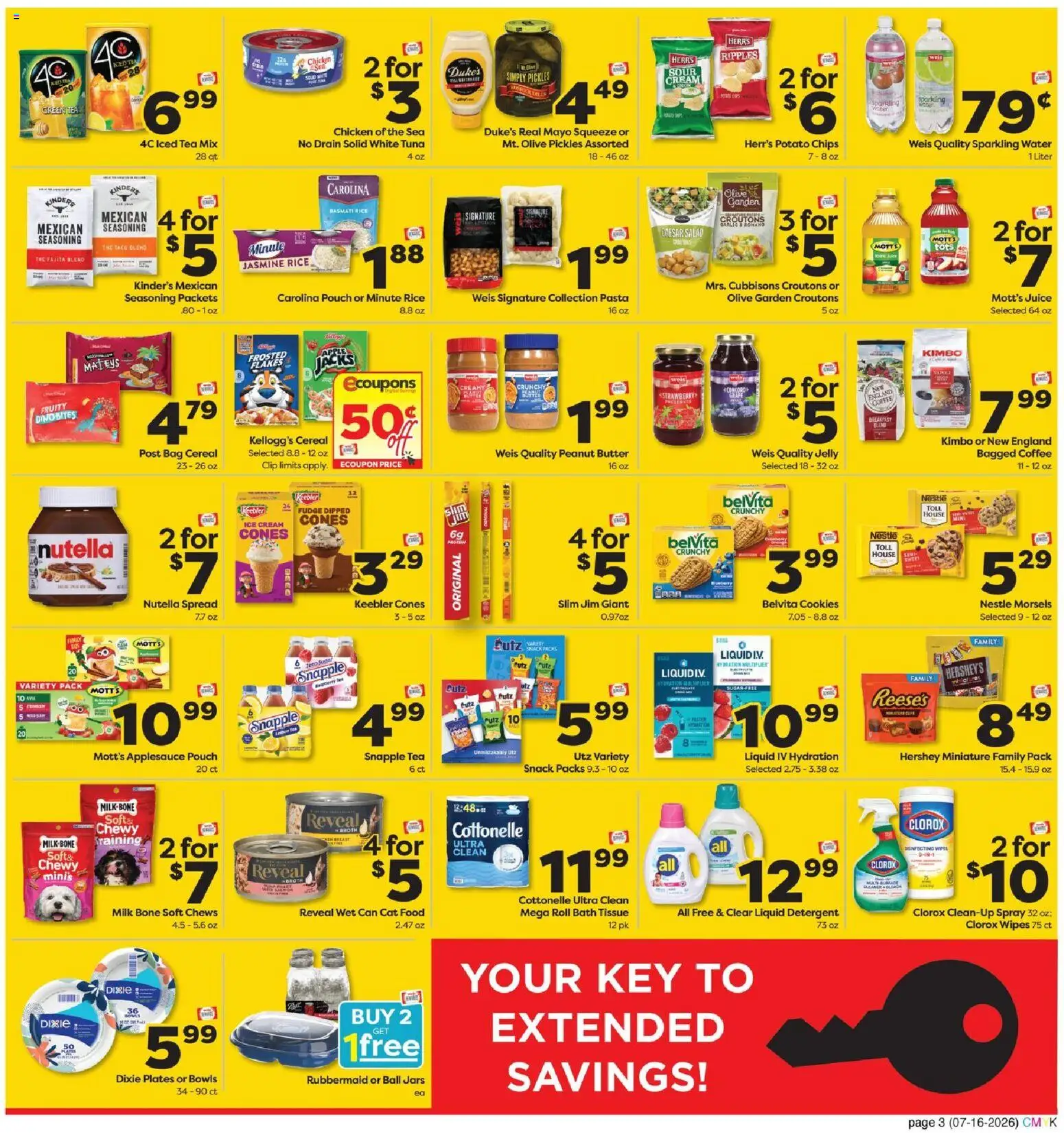 Weis Monthly Ad - valid from 07/16/2026 | Page: 3 | Products: Coffee, Pasta, Cookies, Ice cream
