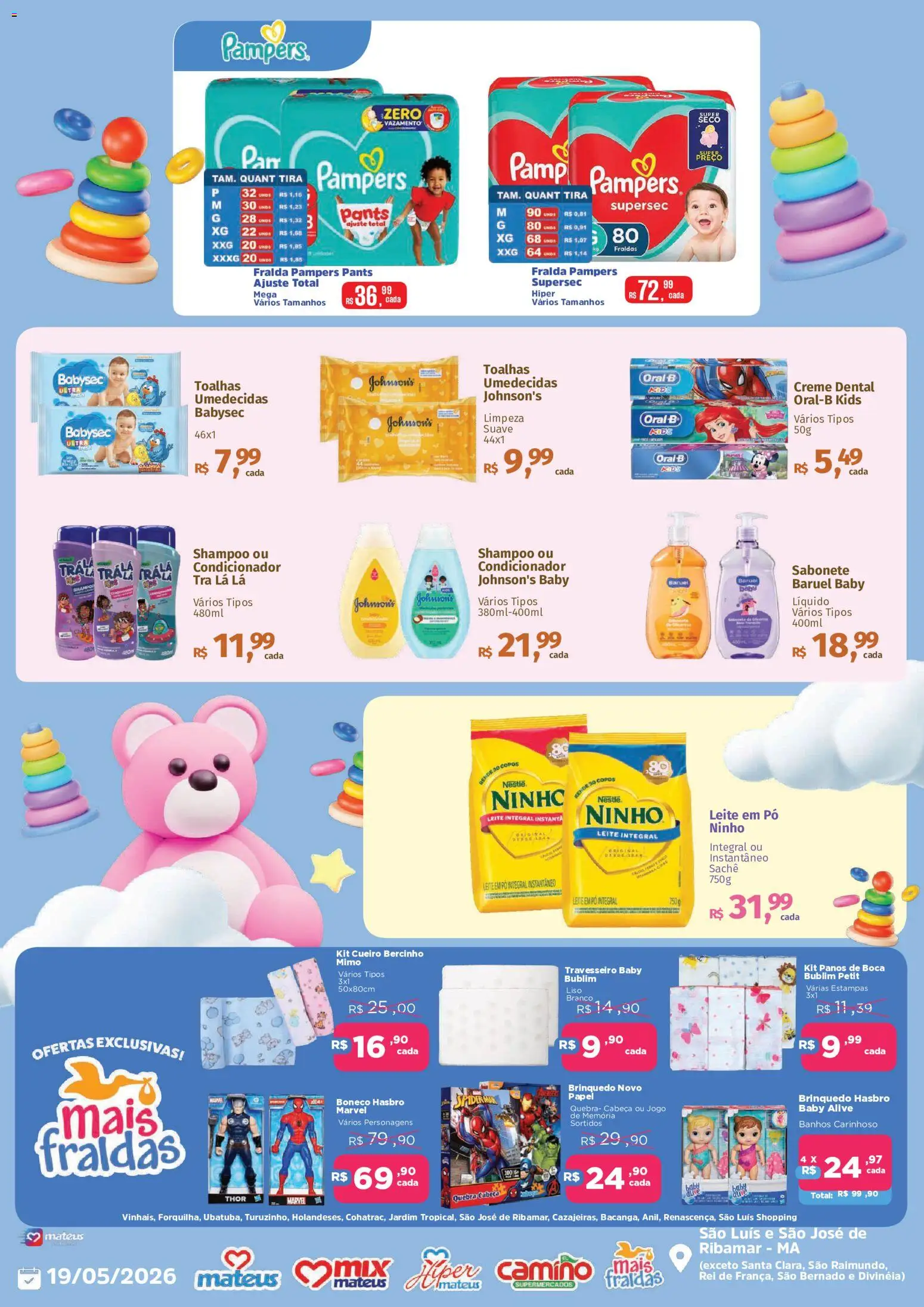 Mateus Folheto - válido de 19.05.2026 | Página: 2 | Produtos: Fralda pampers, Pó, Travesseiro, Sabonete