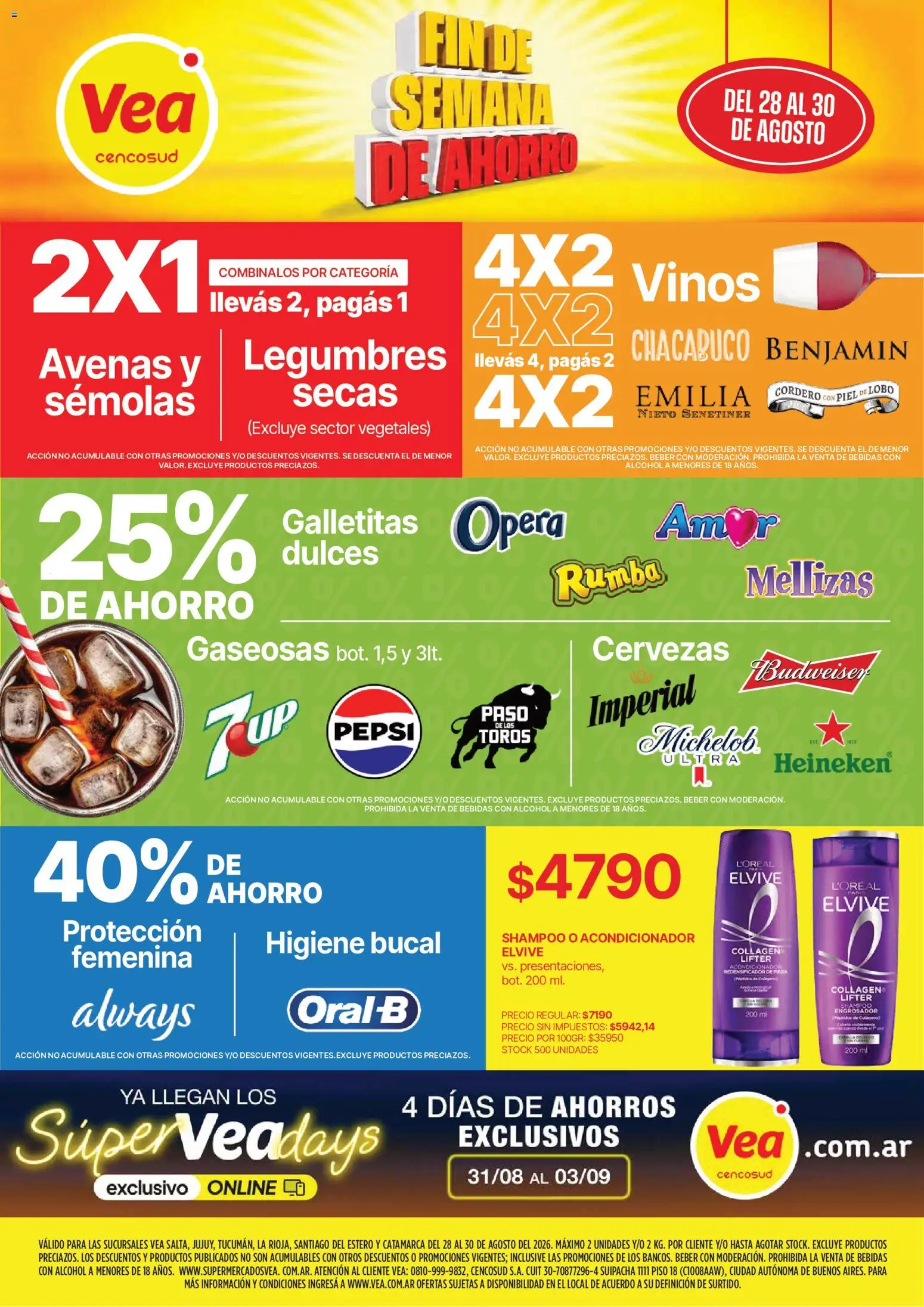 Vea - Fin de semana de ahorro | NOA │ válido desde el 28/08/2026 | Página: 1 | Productos: Galletitas, Shampoo, Dulces, Alcohol