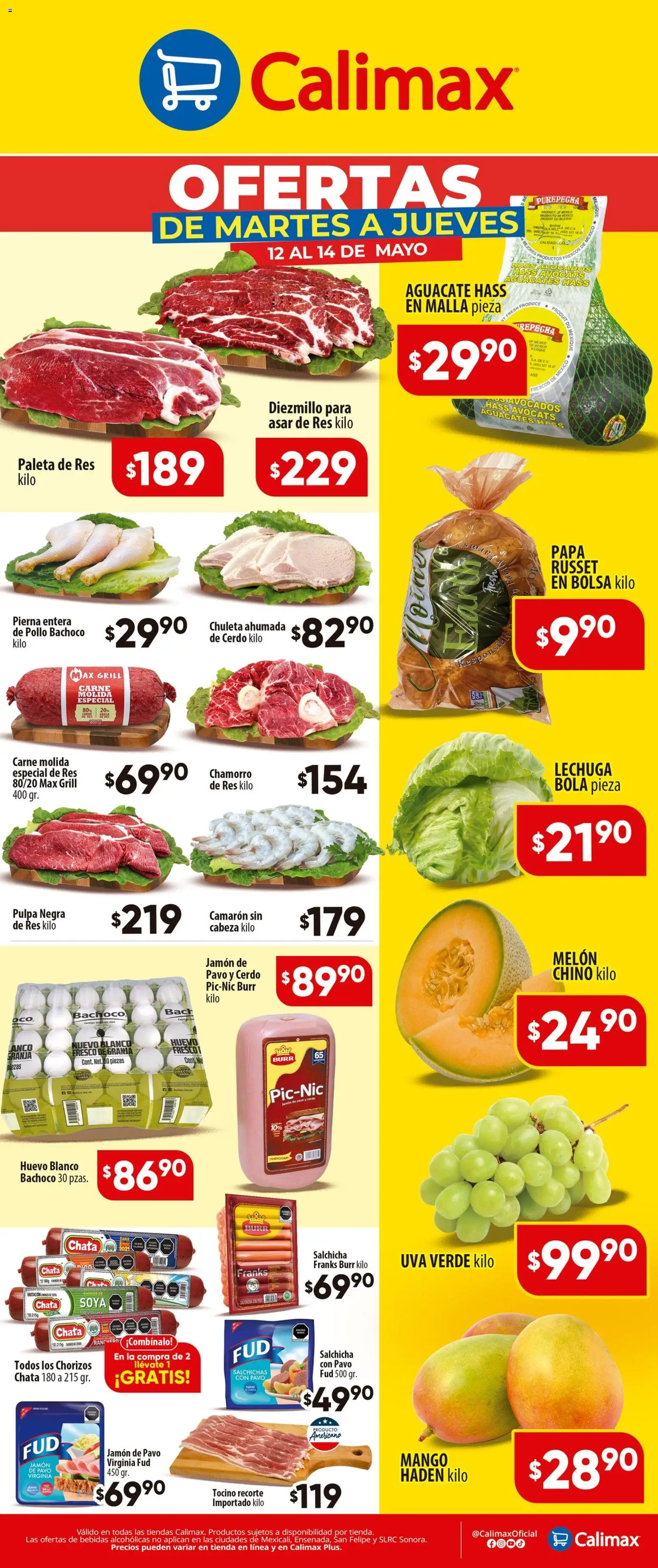Nuevas ofertas de Calimax válidas en toda la República Mexicana desde el 12.05.2026. ¡Encuentra las mejores ofertas en Calimax folleto! | Página: 1 | Productos: Tocino, Huevo, Chorizo, Malla