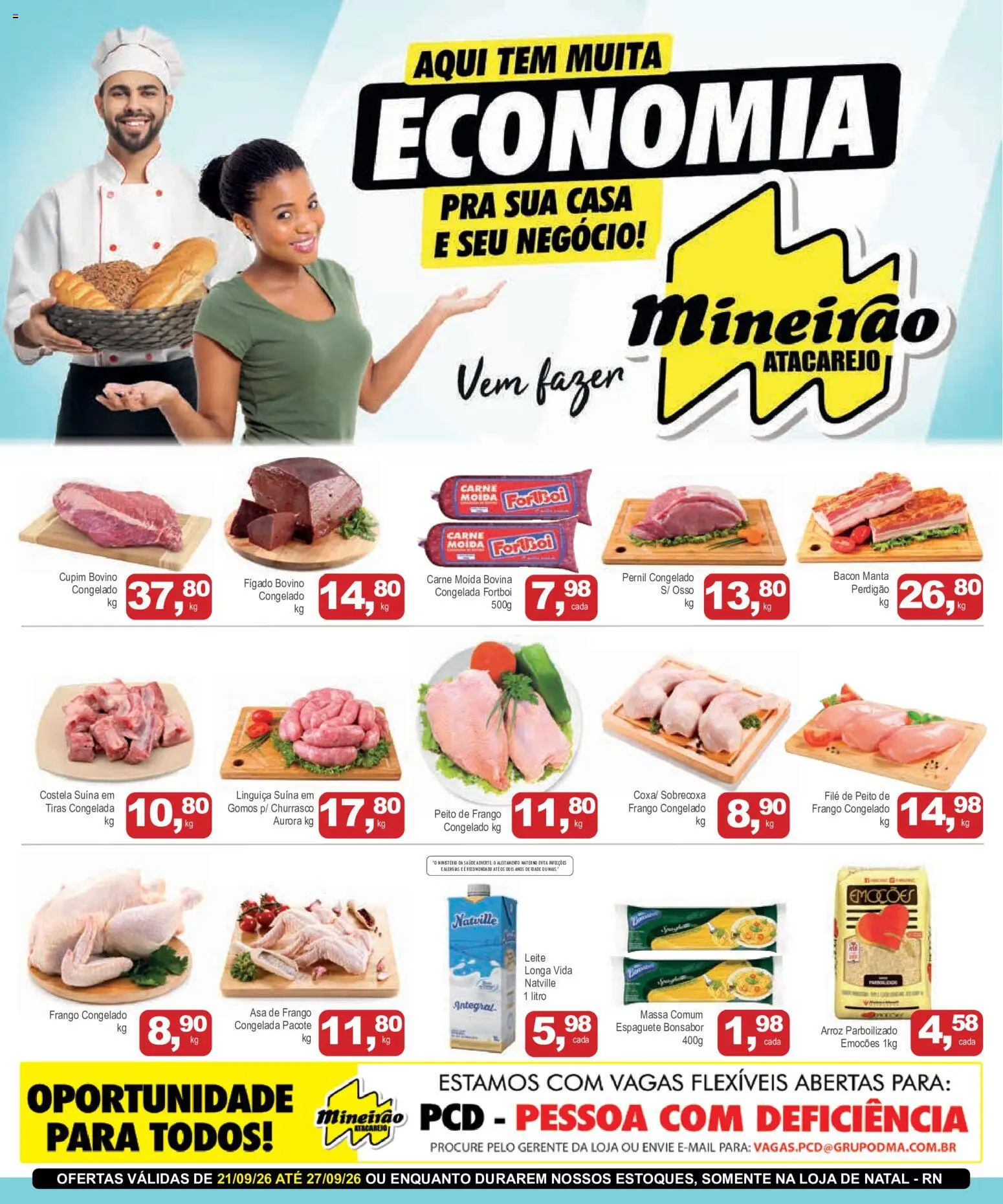 Mineirão Atacarejo Folheto - válido de 21/09/2026 | Página: 1 | Produtos: Carne moída bovina, Asa de frango, Leite, Bacon