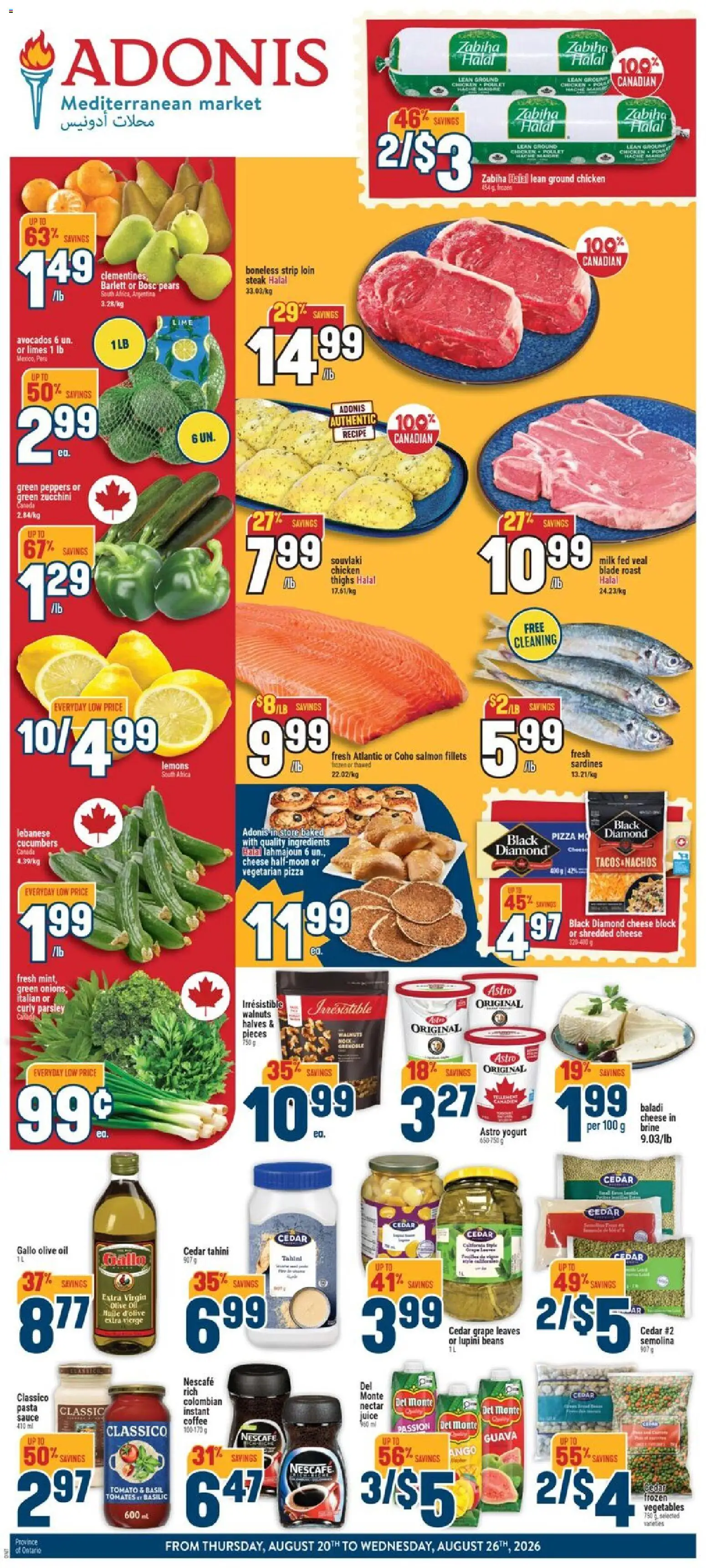 Adonis flyer valid from Aug 20, 2026 | Page: 1 | Products: Semolina, Olive oil, Cheese, Juice