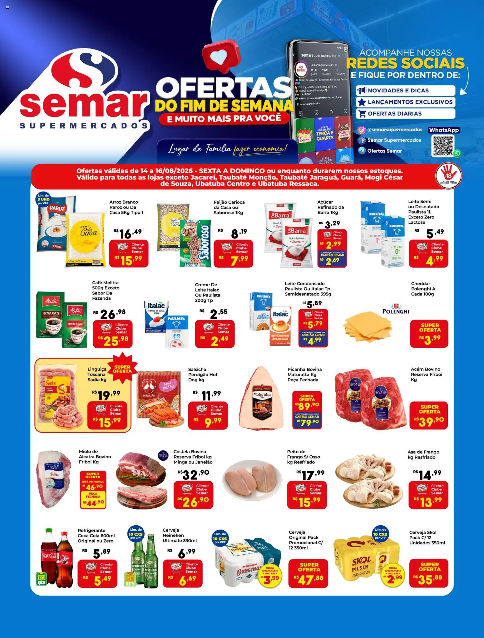 Semar Supermercado Folheto - válido de 14/08/2026 | Página: 1 | Produtos: Feijão, Salsicha, Arroz, Cheddar