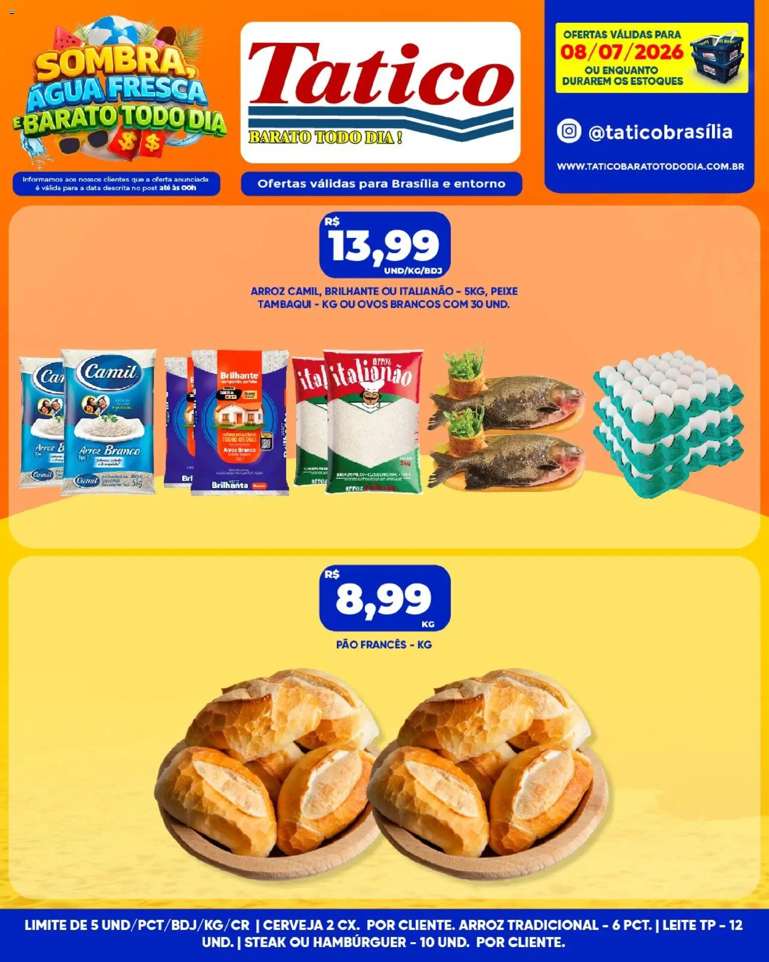 Tatico Folheto - válido de 08/07/2026 | Página: 9 | Produtos: Leite, Cerveja, Arroz, Pão francês