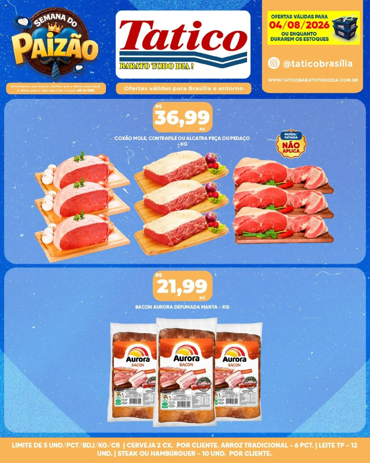 Tatico Folheto - válido de 05/08/2026 | Página: 36 | Produtos: Leite, Cerveja, Arroz, Hambúrguer