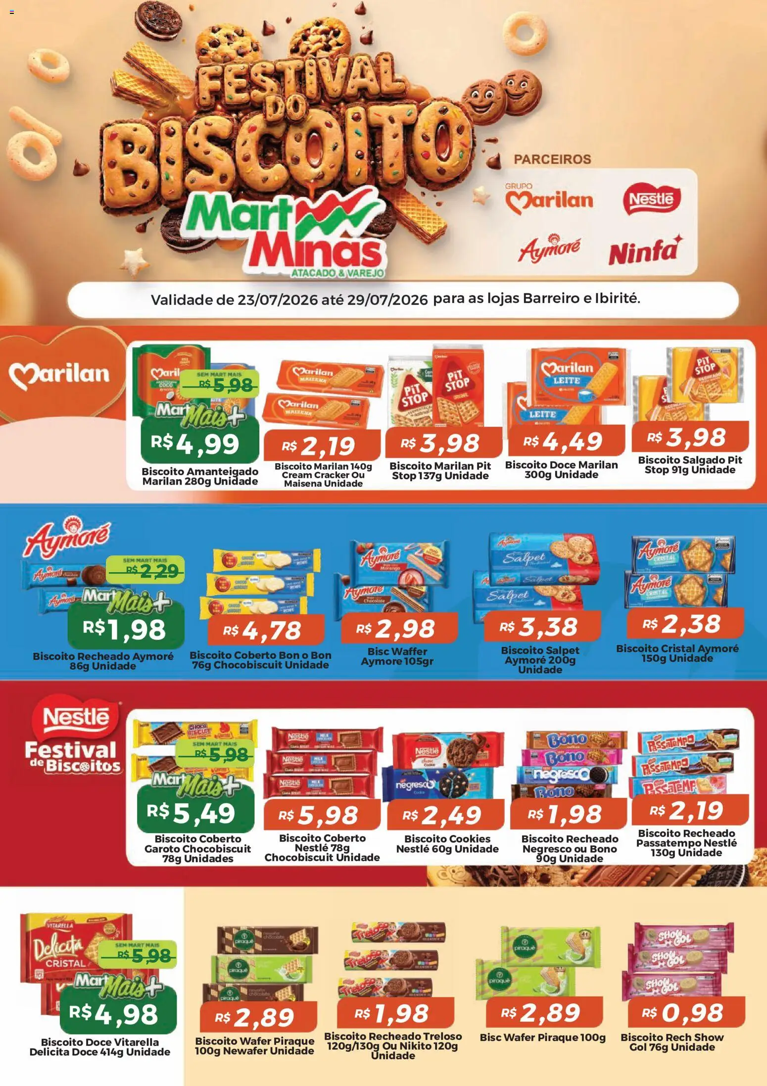 Mart Minas Folheto - válido de 23/07/2026 | Página: 1 | Produtos: Leite, Chocolate, Biscoitos, Cookies