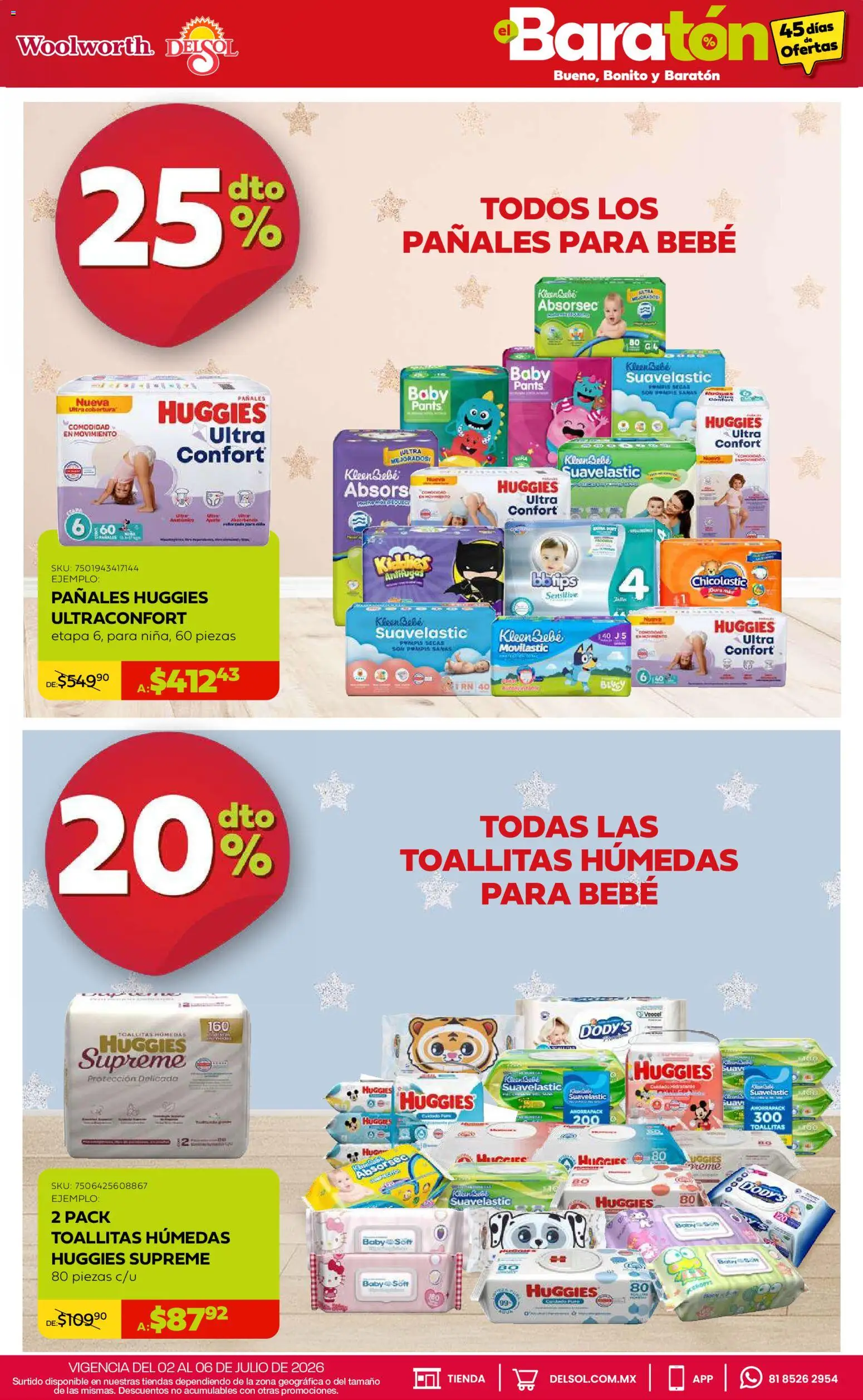 Nuevas ofertas de Del Sol y Woolworth válidas en toda la República Mexicana desde el 02/07/2026. ¡Encuentra las mejores ofertas en Del Sol y Woolworth catálogo Bueno, Bonito y Baratón! | Página: 13 | Productos: Toallitas húmedas, Pañales, Pants