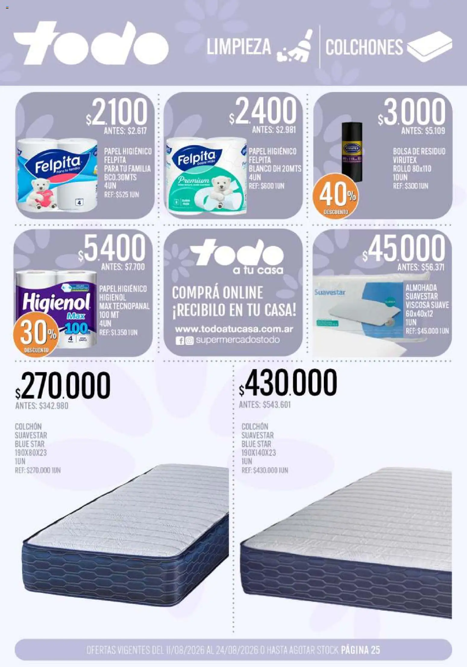 Supermercados TODO - Ofertas │ válido desde el 11/08/2026 | Página: 25 | Productos: Papel higiénico, Bolsa, Colchón, Almohada