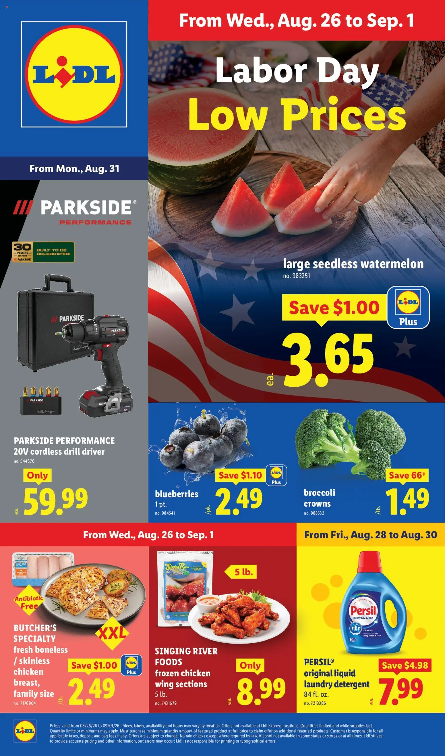 Lidl Weekly Ad - valid from 08/26/2026 | Page: 1 | Products: Broccoli, Chicken, Watermelon, Blueberries