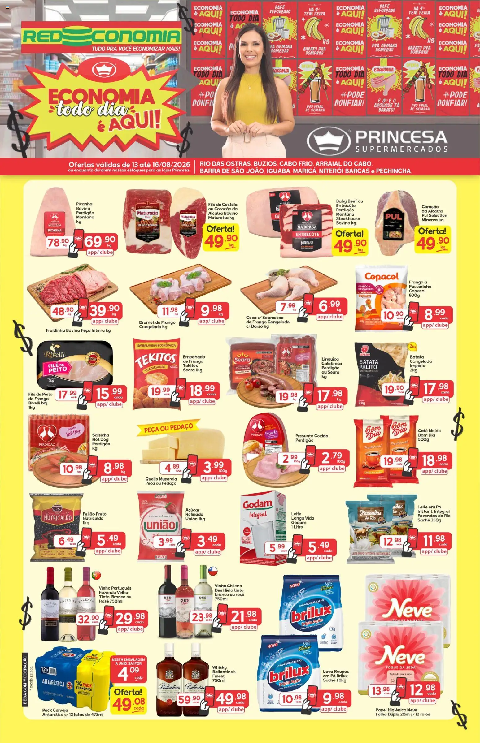 Princesa Folheto - válido de 13/08/2026 | Página: 1 | Produtos: Queijo muçarela, Fraldinha, Picanha, Roupas