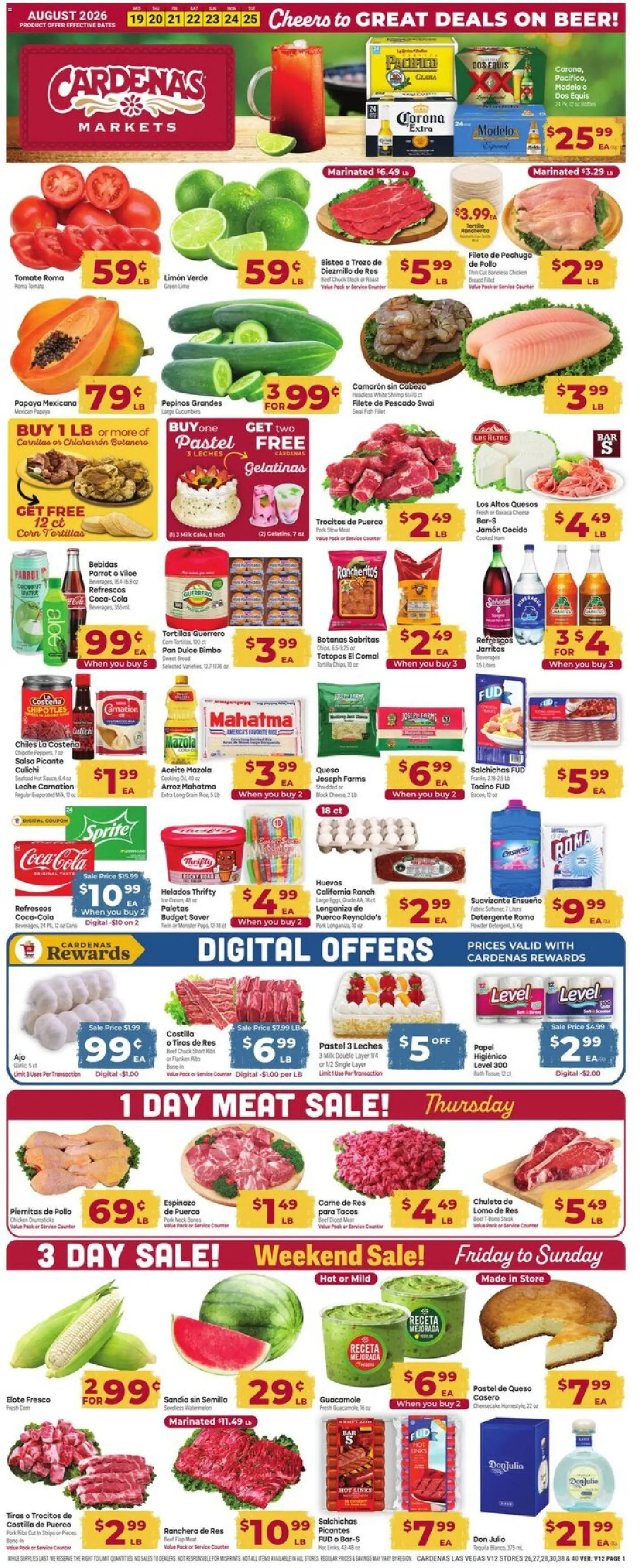 Cardenas Weekly Ad - valid from 08/19/2026 | Page: 1 | Products: Beverages, Pork ribs, Beer, Tortillas