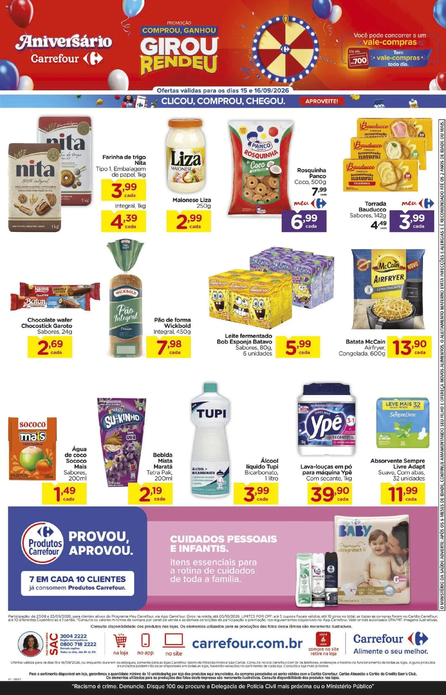 Carrefour Bairro Folheto - válido de 15/09/2026 | Página: 3 | Produtos: Farinha, Água de coco, Rosquinha, Sempre Livre