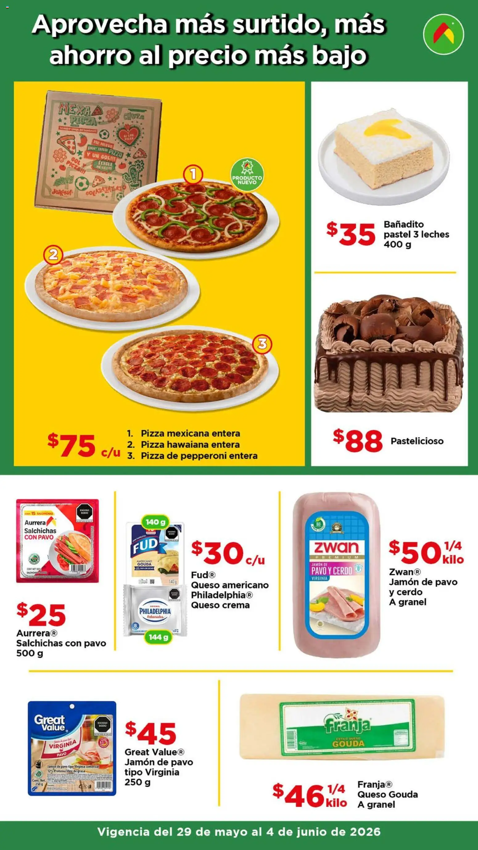 Nuevas ofertas de Bodega Aurrerá válidas en toda la República Mexicana desde el 29.05.2026. ¡Encuentra las mejores ofertas en Bodega Aurrerá folleto Date un gusto sin gastar de más! | Página: 4 | Productos: Crema, Jamón, Pizza, Cerdo