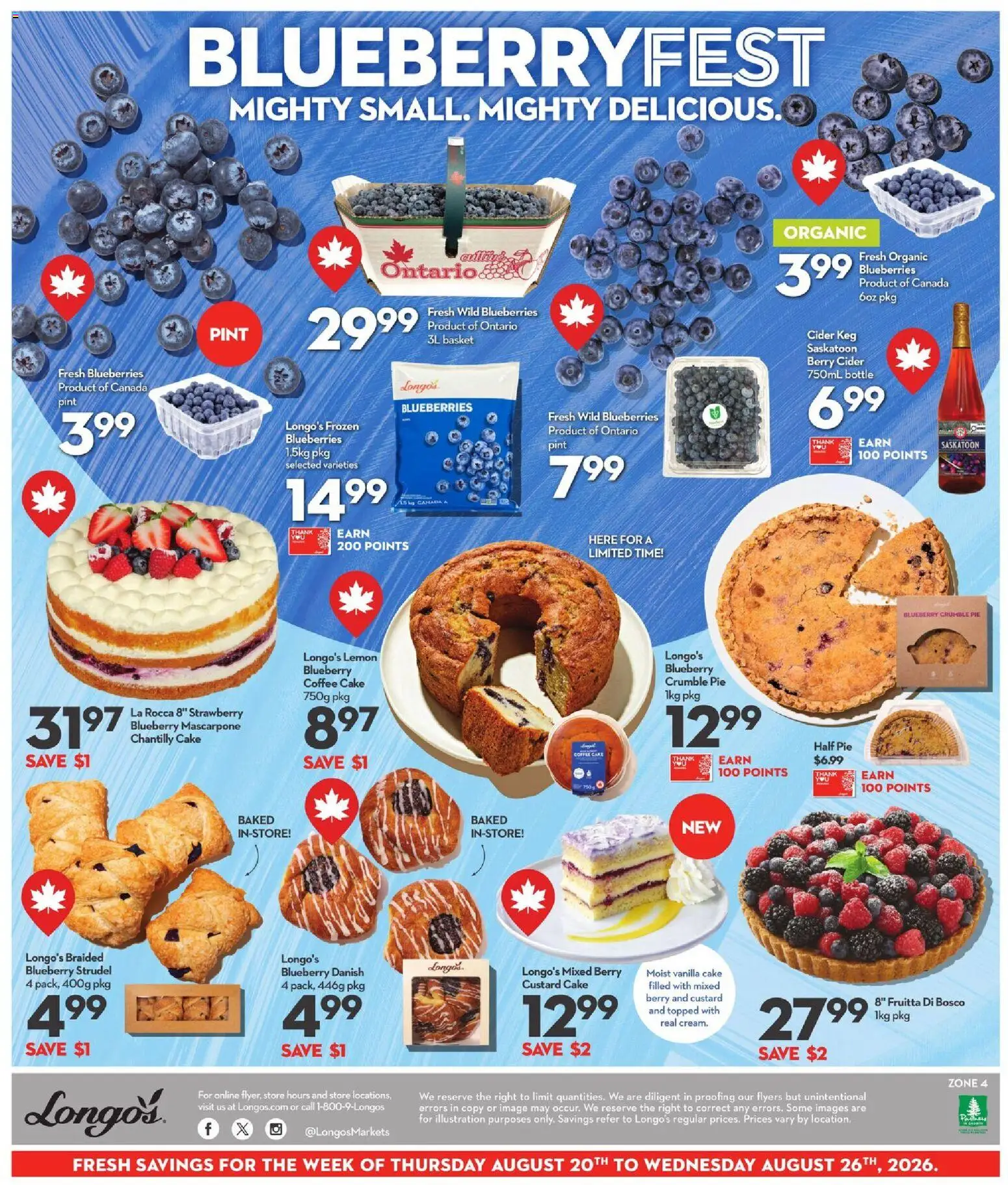 Longo's flyer valid from Aug 20, 2026 | Page: 3 | Products: Blueberries, Mascarpone, Vanilla, Cider