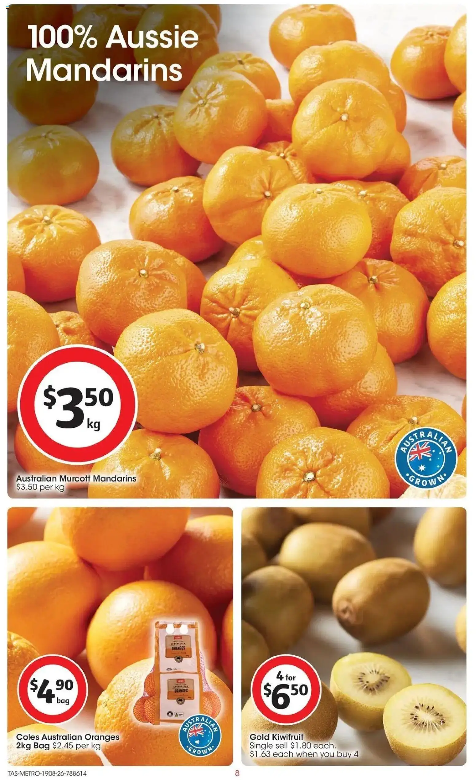 Coles catalogue - valid from 19/08/2026 | Page: 8 | Products: Oranges, Kiwifruit, Mandarins, Bag