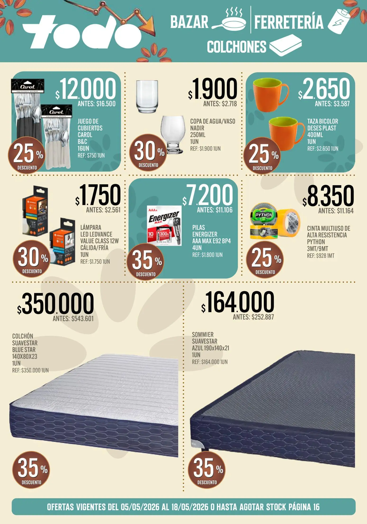 Supermercados TODO - Ofertas │ válido desde el 05.05.2026 | Página: 17 | Productos: Cinta, Colchón, Lámpara, Taza