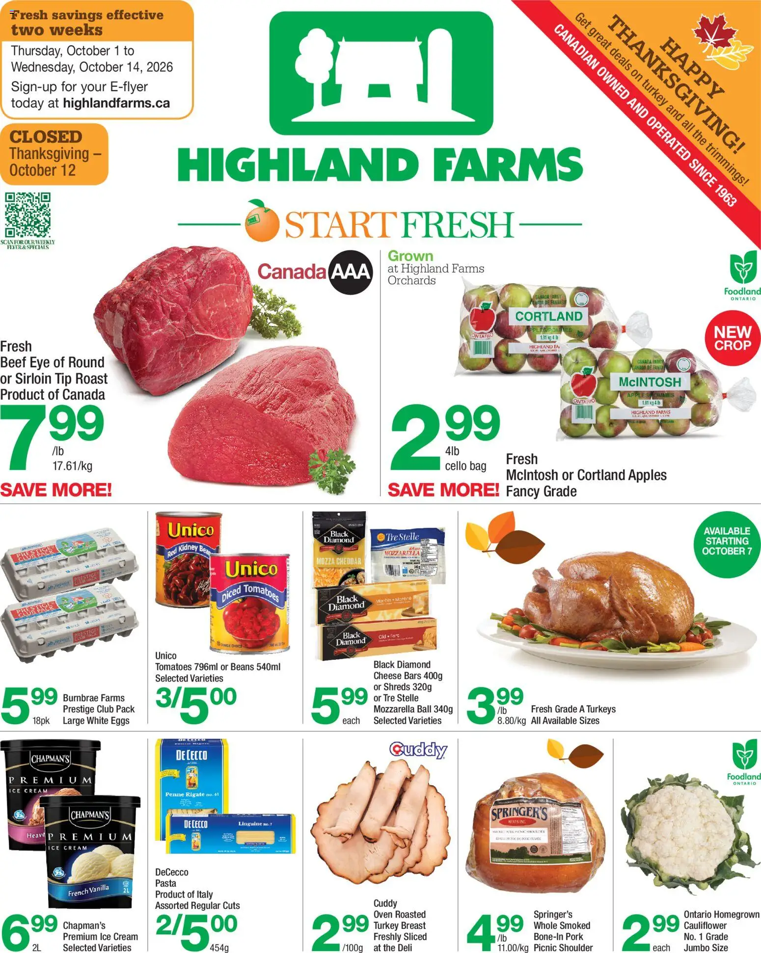 Highland Farms flyer valid from Oct 1, 2026 | Page: 1 | Products: Roast, Vanilla, Cheese, Pork