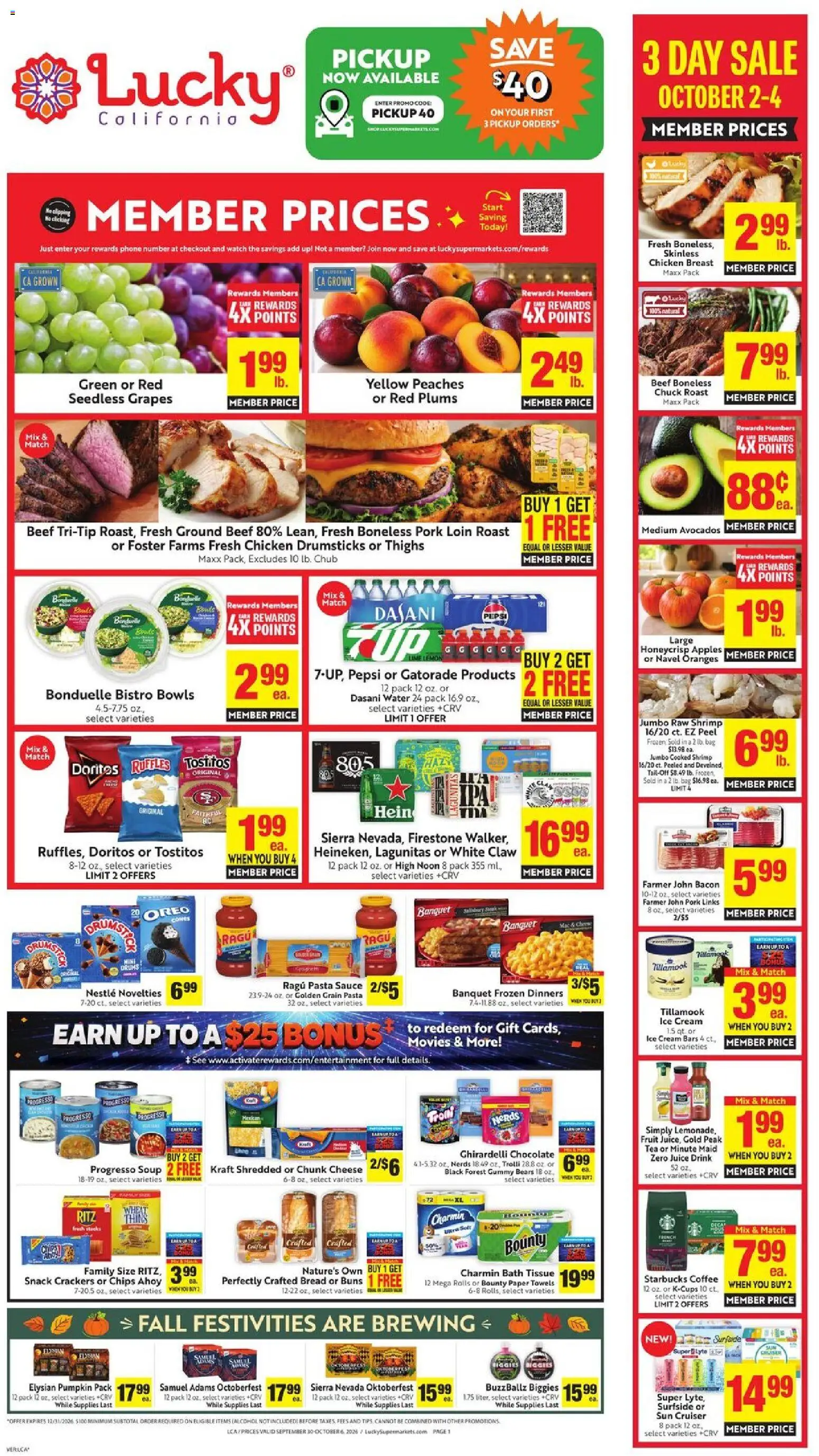 Lucky Supermarkets Weekly - valid from 09/30/2026 | Page: 1 | Products: Oranges, Pumpkin, Watch, Paper towels