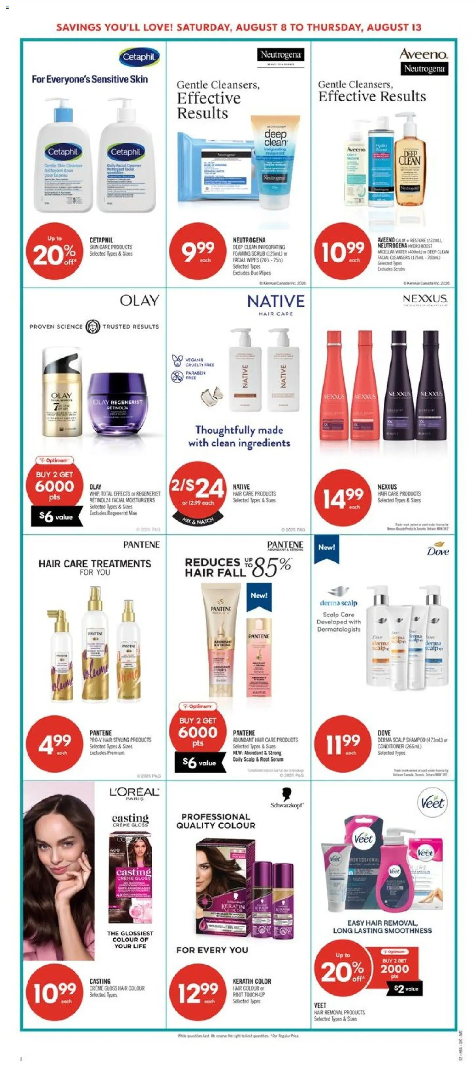 Shoppers flyer valid from Aug 7, 2026 | Page: 12 | Products: Water, Conditioner, Micellar water, Ingredients